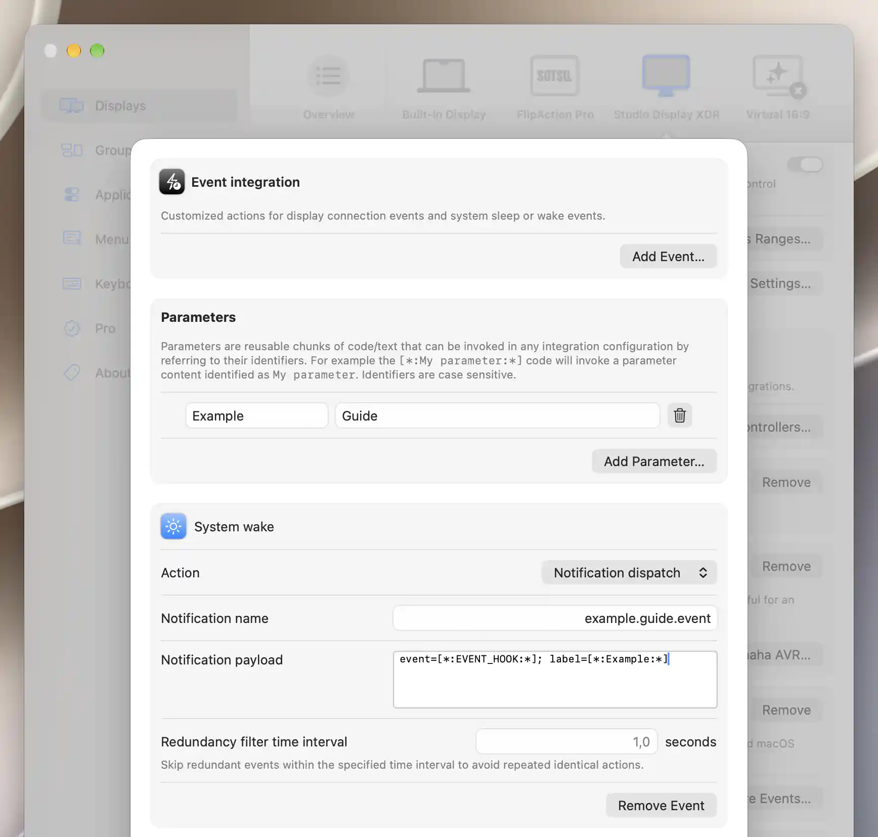 System wake notification editor with literal example.guide.event name and token-bearing payload
