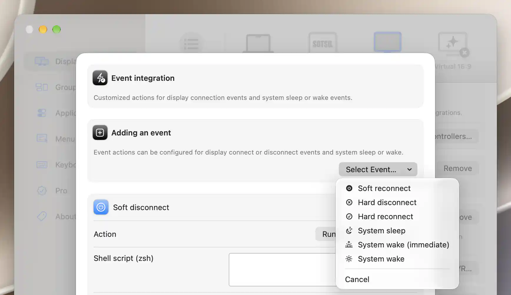 Event Integration Select Event menu showing the six hooks not already configured