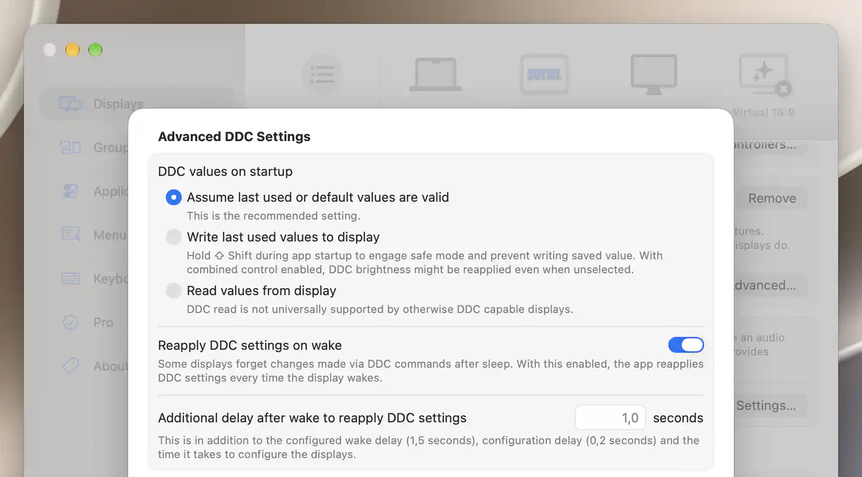 DDC startup policies and enabled wake-reapplication delay