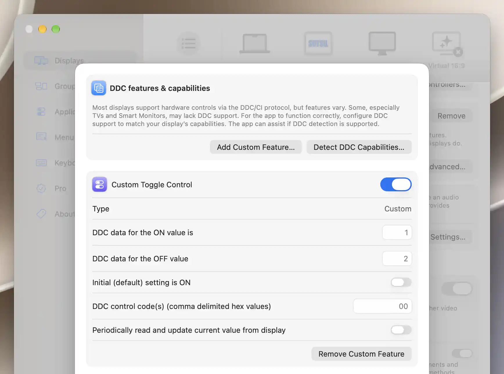 Custom DDC toggle with on and off data, initial state, VCP mapping and readback controls