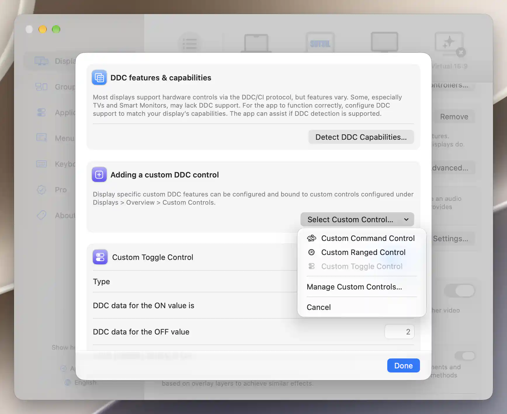DDC custom-control chooser with the already assigned Toggle control disabled