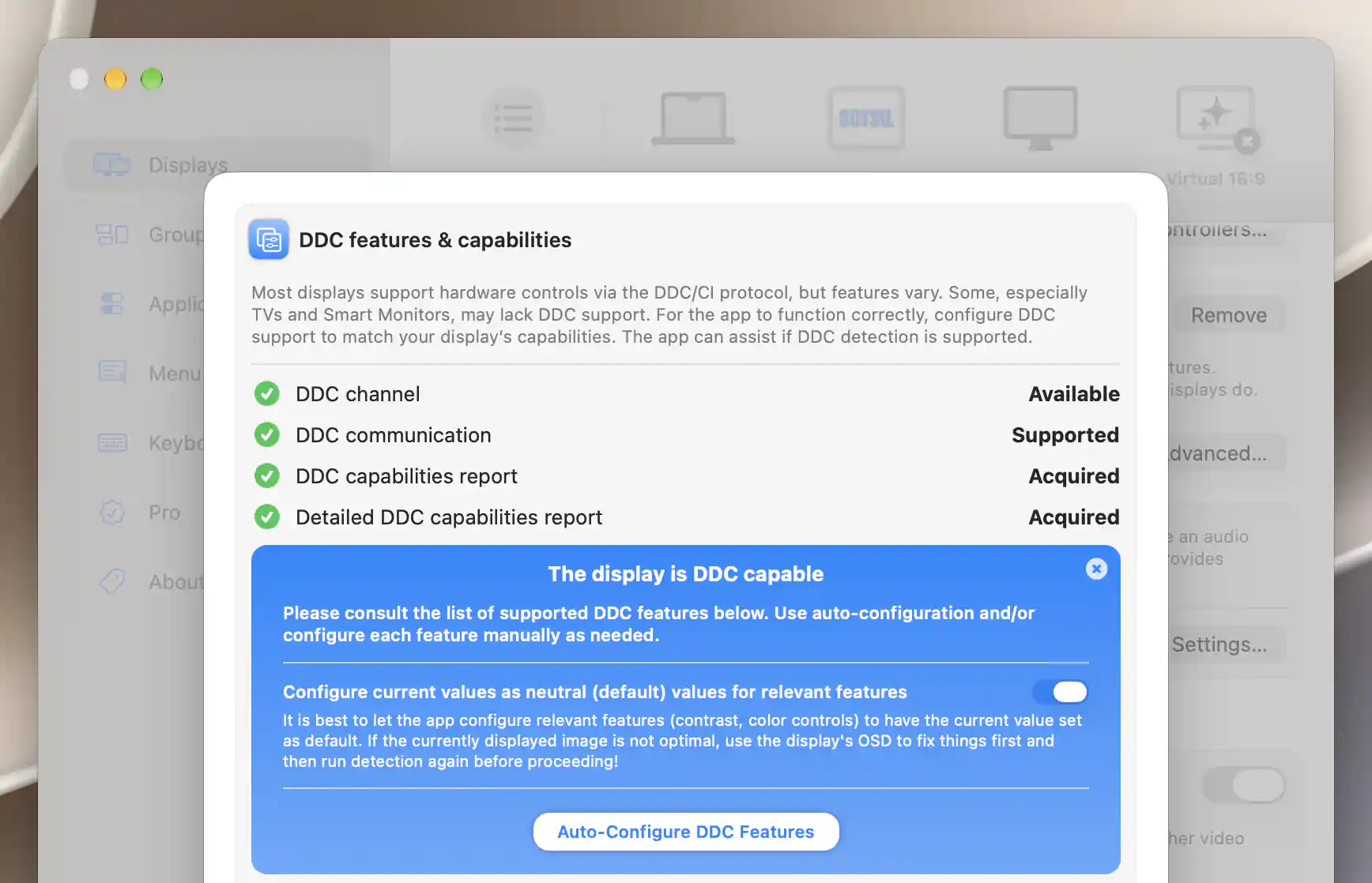Successful DDC channel, communication and capability detection with neutral-value and auto-configuration options