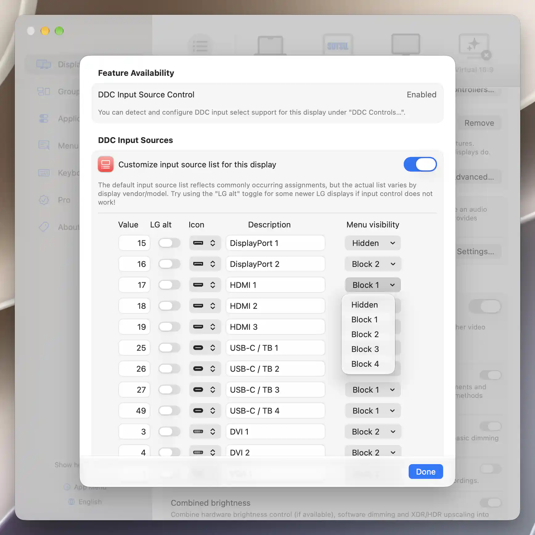 DDC input-list editor with Hidden and Block 2 rows and an open visibility menu