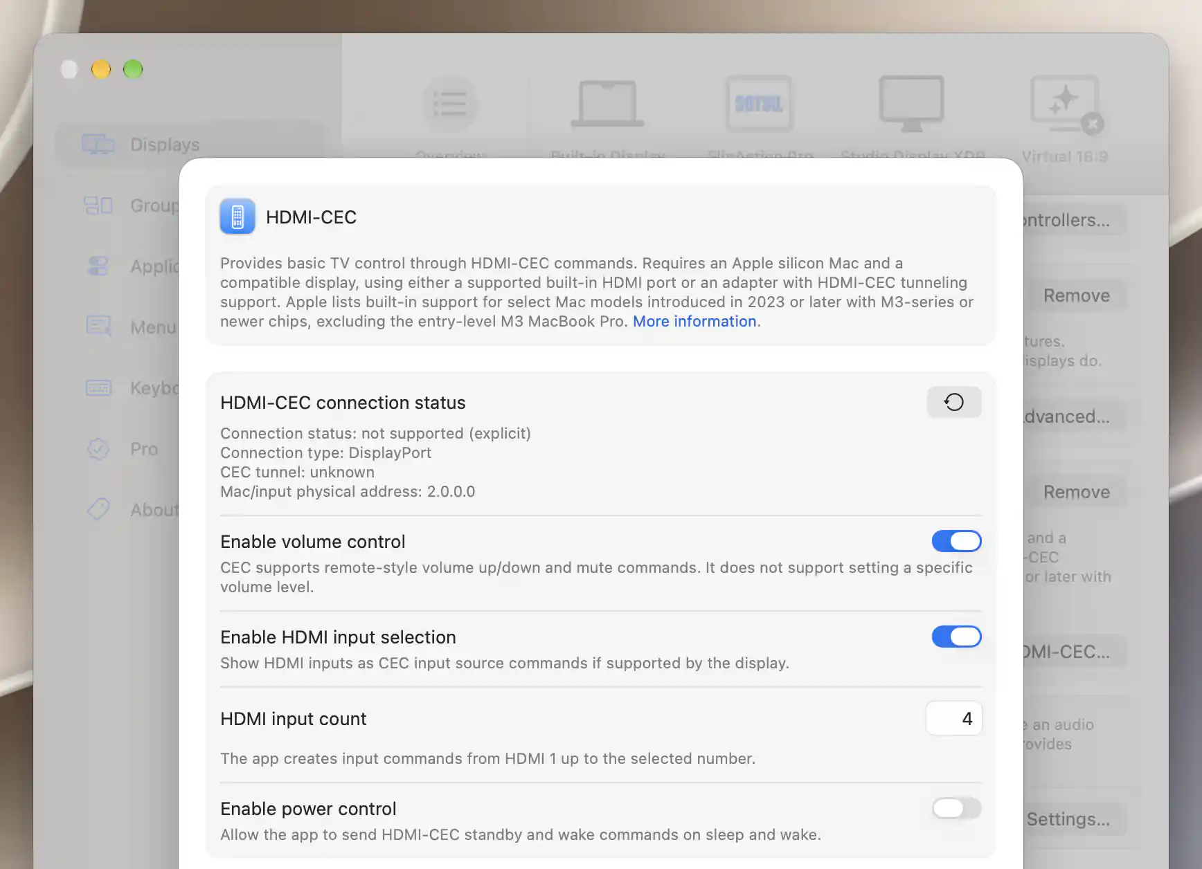 HDMI-CEC configuration reporting an explicitly unsupported DisplayPort connection