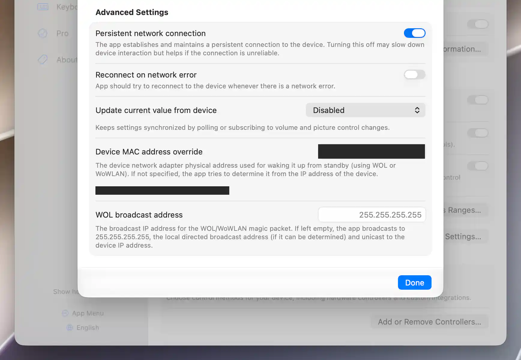 LG advanced connection, readback and wake-address preferences