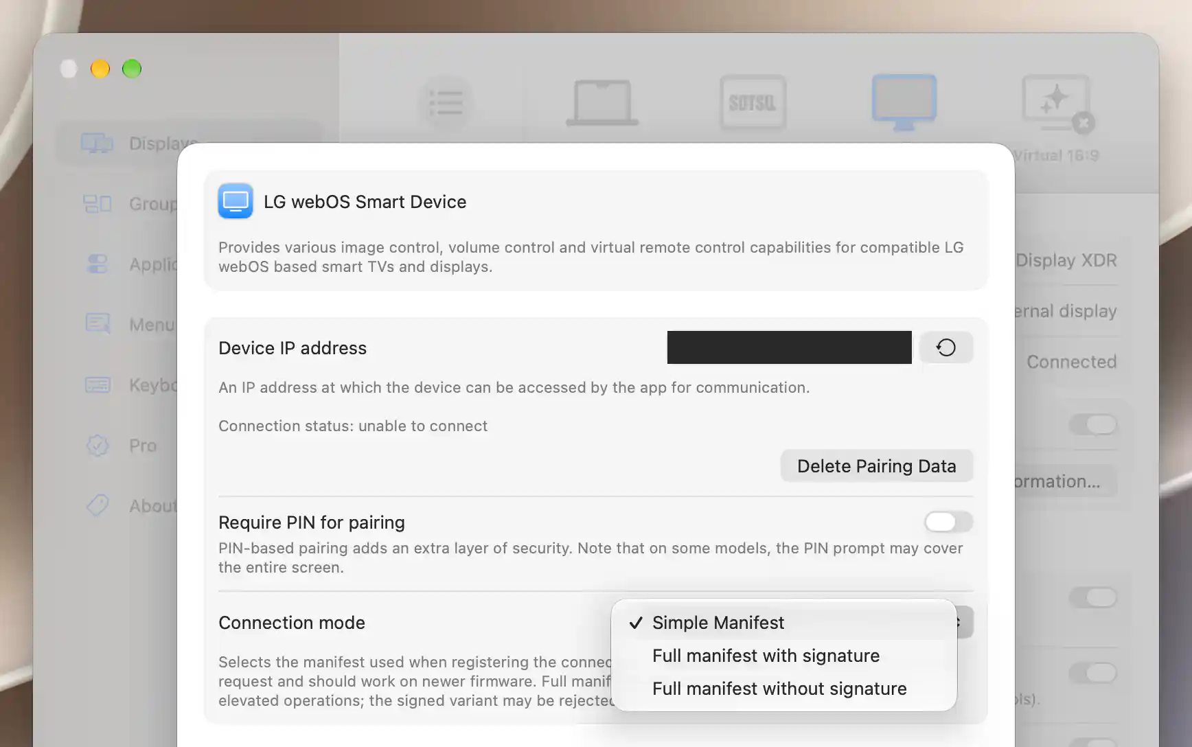 LG connection-mode menu offering Simple Manifest and signed or unsigned full manifests