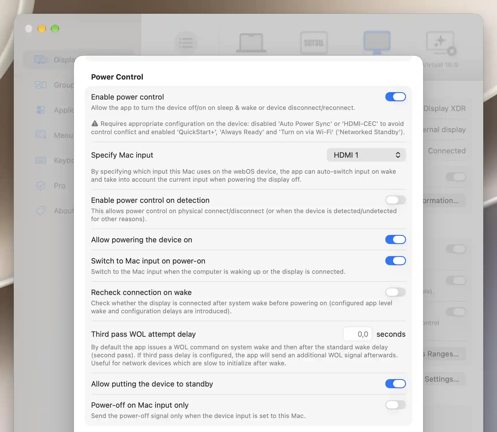 LG power preferences with input, detection, wake delay and standby conditions