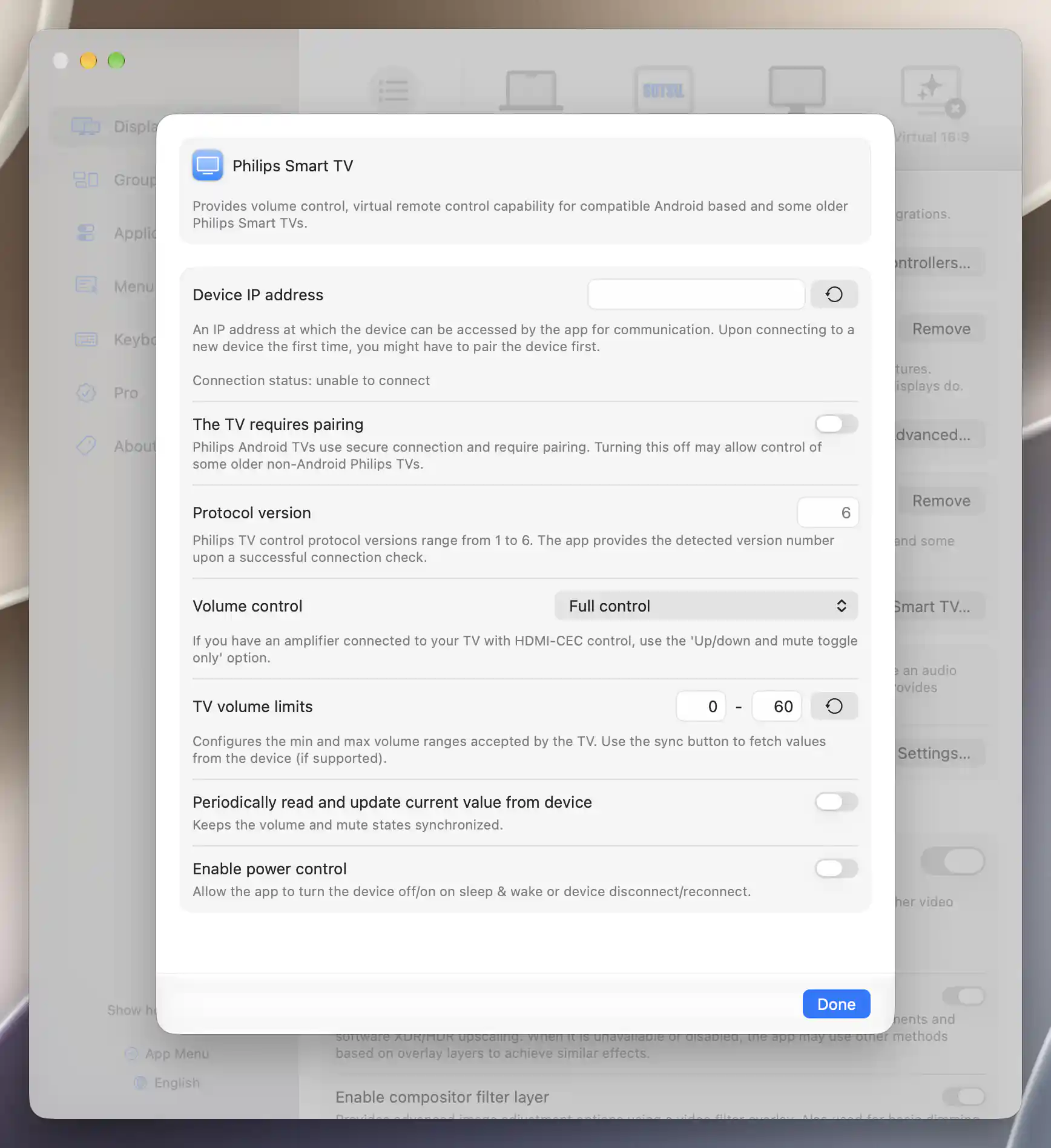 Unconnected Philips controller with protocol version, full volume control, limits and readback preferences