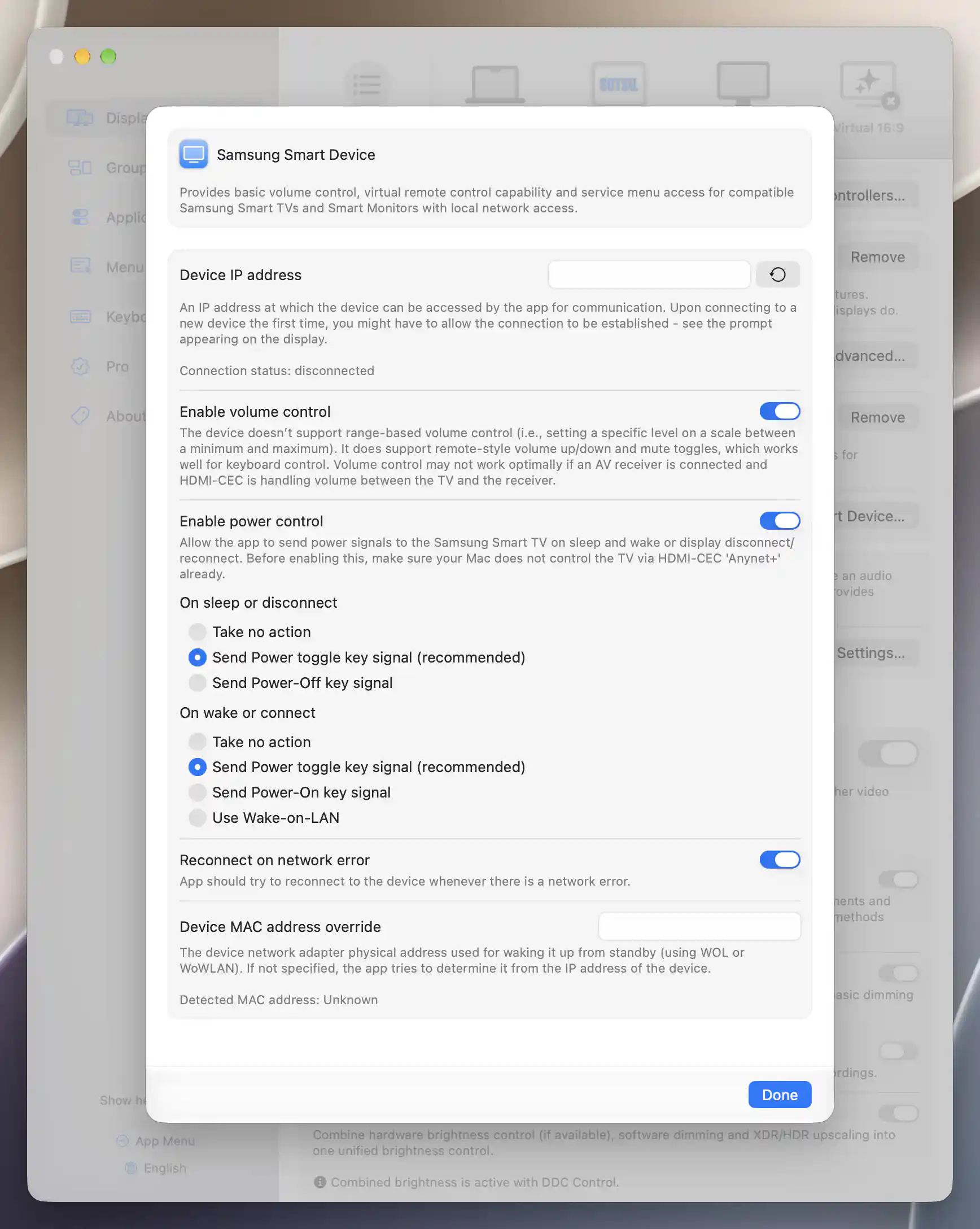 Unconnected Samsung controller with volume, power actions, reconnect and MAC address preferences