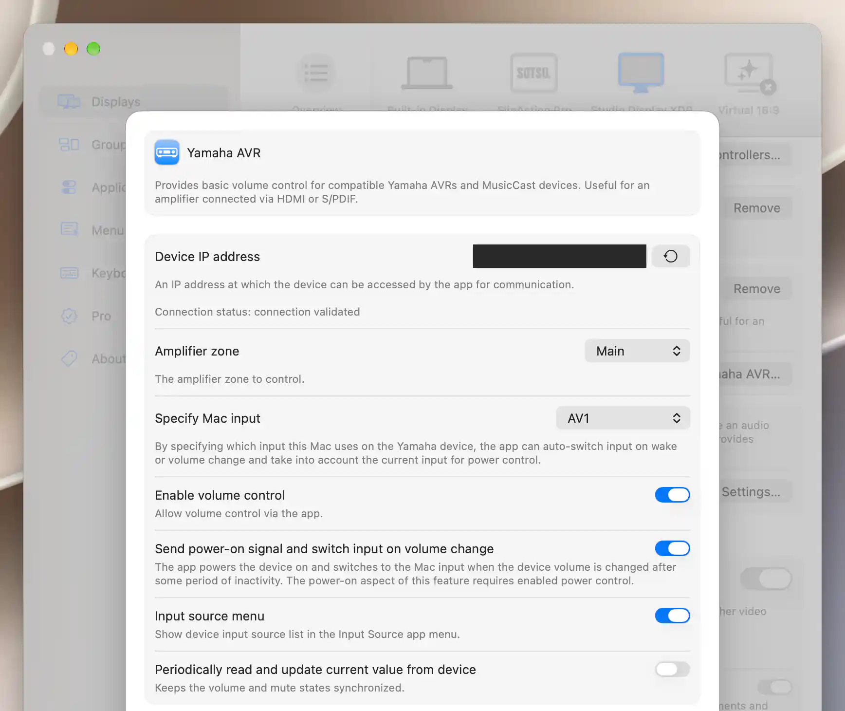 Validated Yamaha connection with zone, Mac input, volume and readback preferences