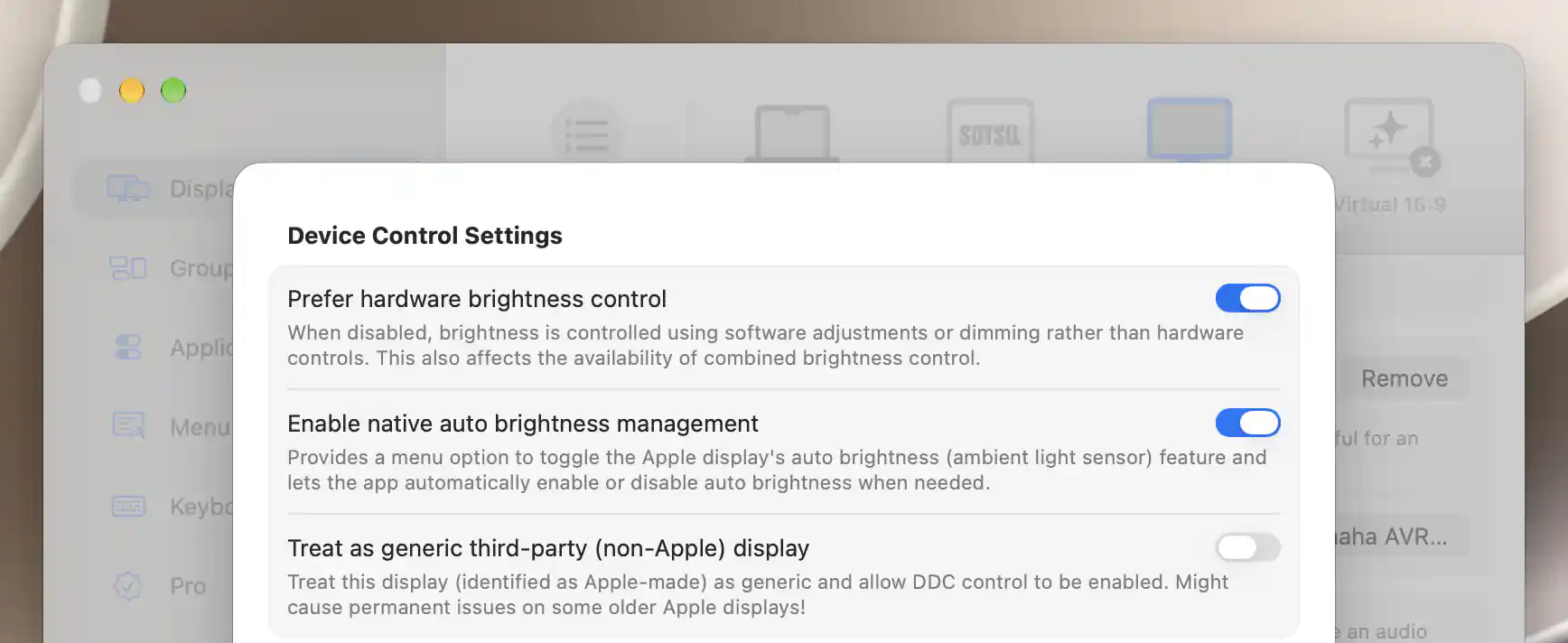 Apple hardware brightness preference, native auto brightness management and disabled generic-display override