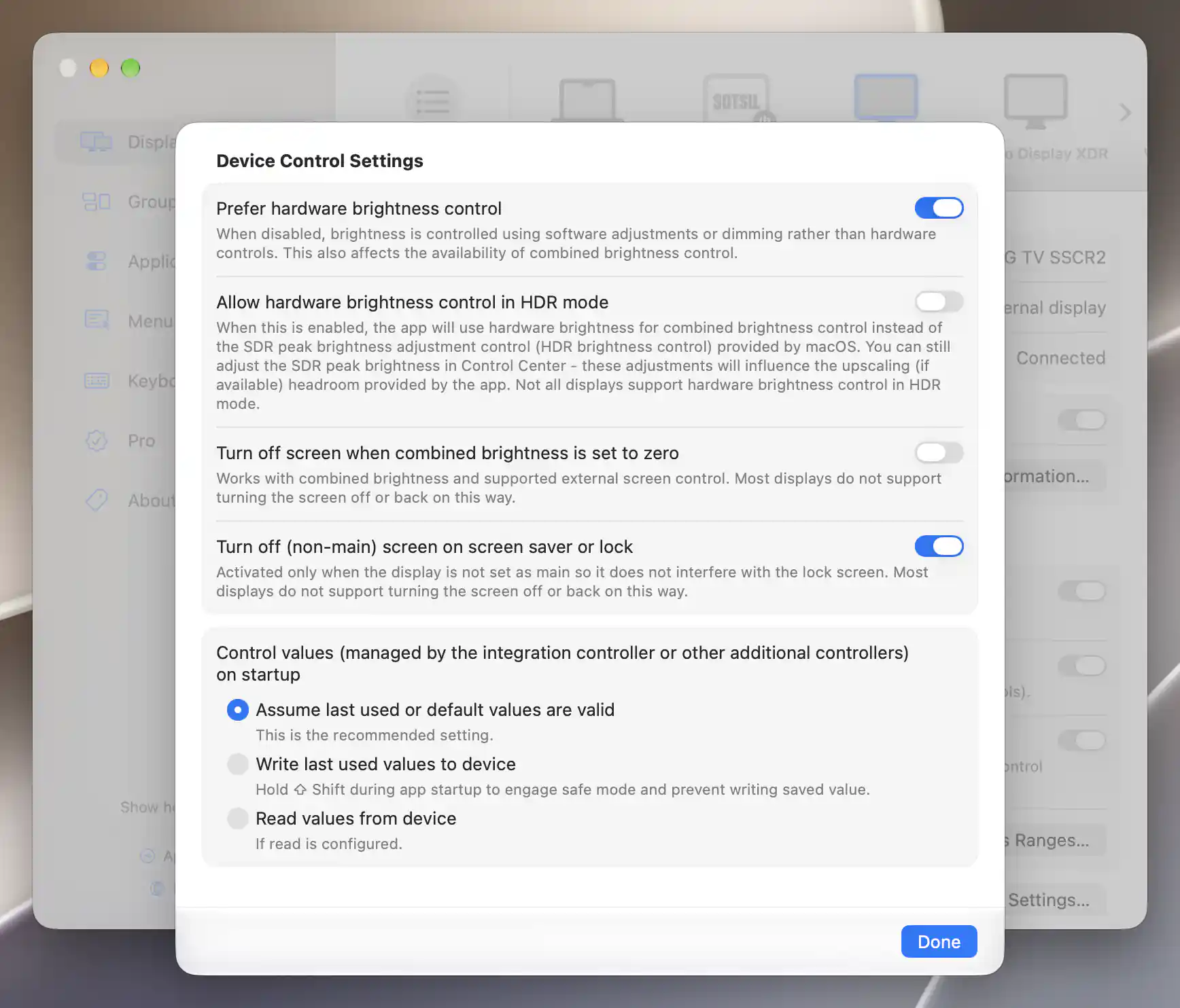 Device Control Settings with hardware brightness permission in HDR mode