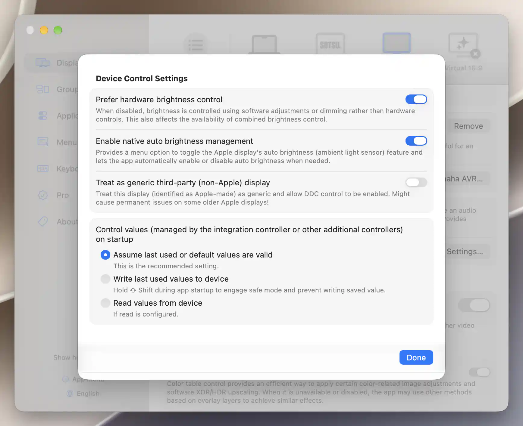 Device Control Settings showing all three startup value options with the recommended Assume option selected