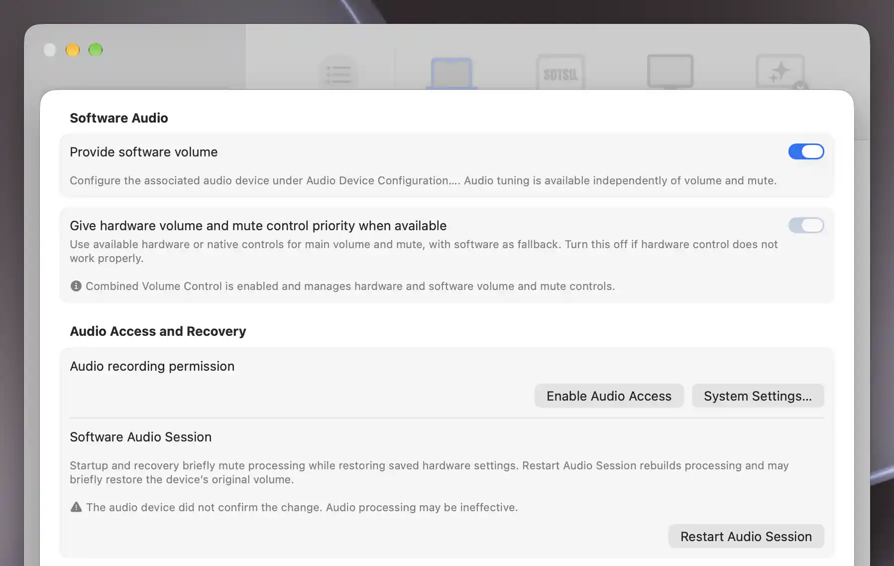 Software Audio recovery showing an unconfirmed audio-device change warning with Combined Volume Control enabled