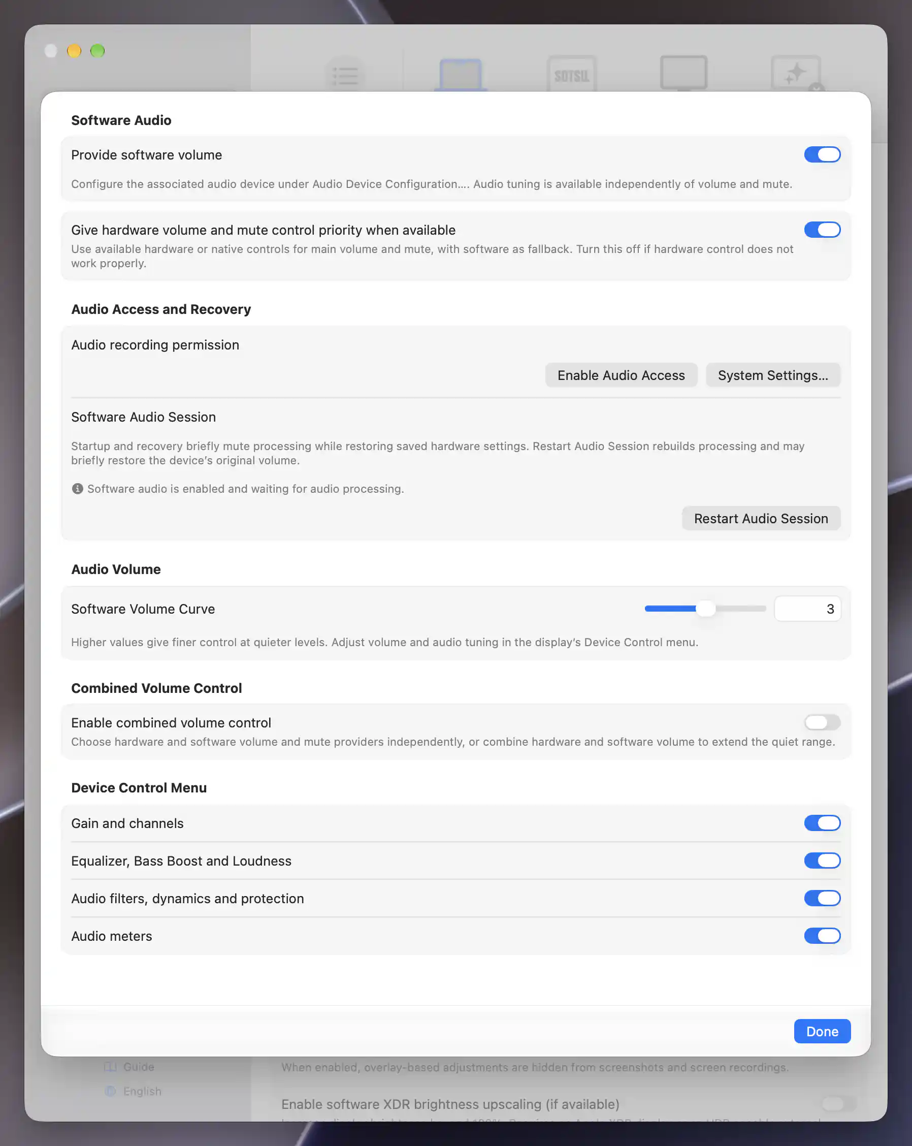 Software Audio configuration with software volume, hardware priority, session status and four menu visibility switches