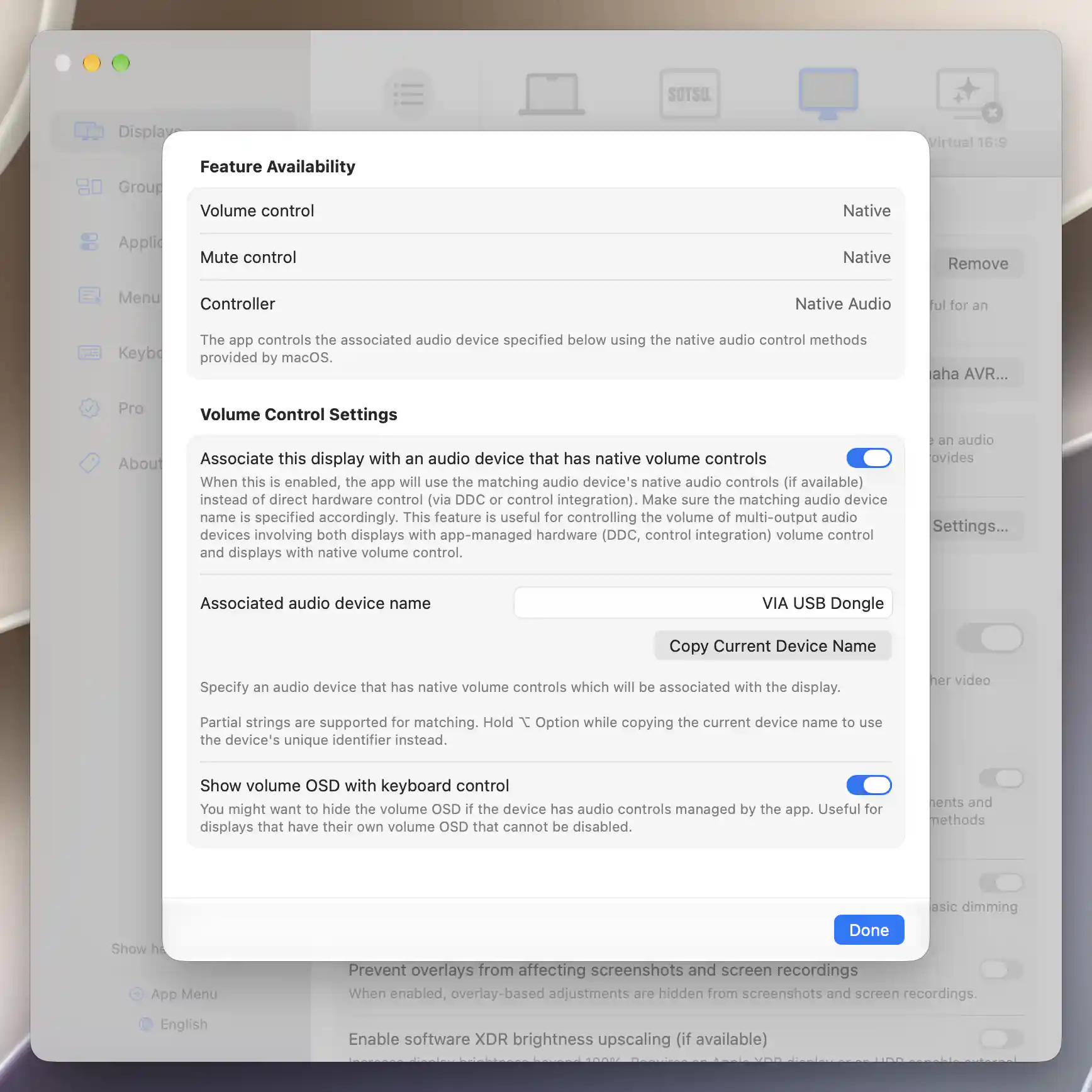 Native Audio selected for the existing VIA USB Dongle output with volume OSD enabled