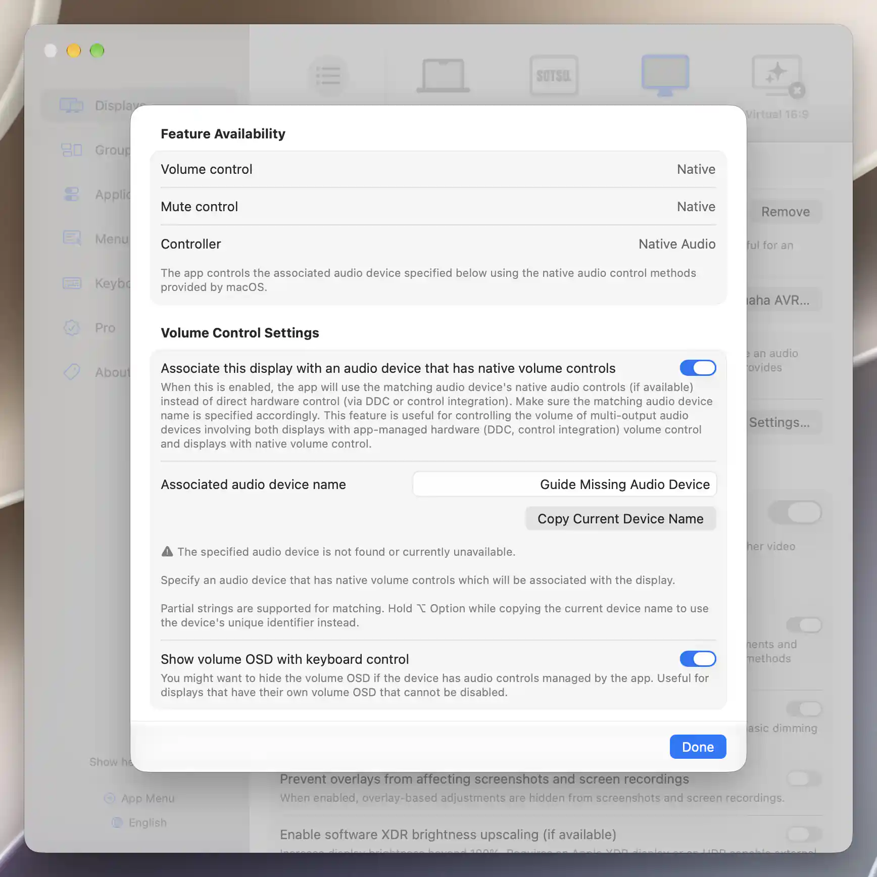 Native association with an unmatched Guide Missing Audio Device name and the unavailable-device warning