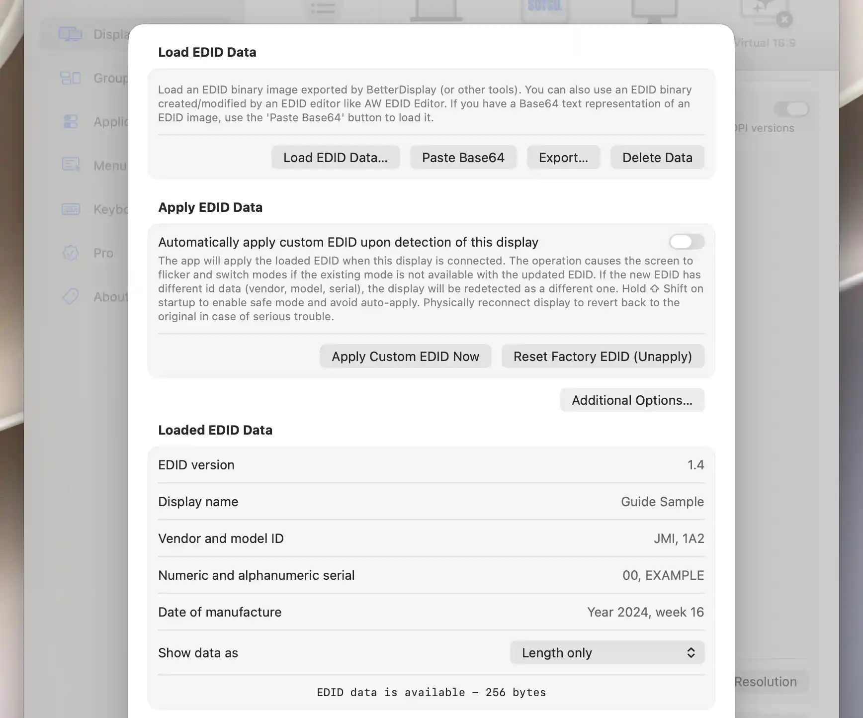 Custom EDID storage and application controls with a shareable sample loaded