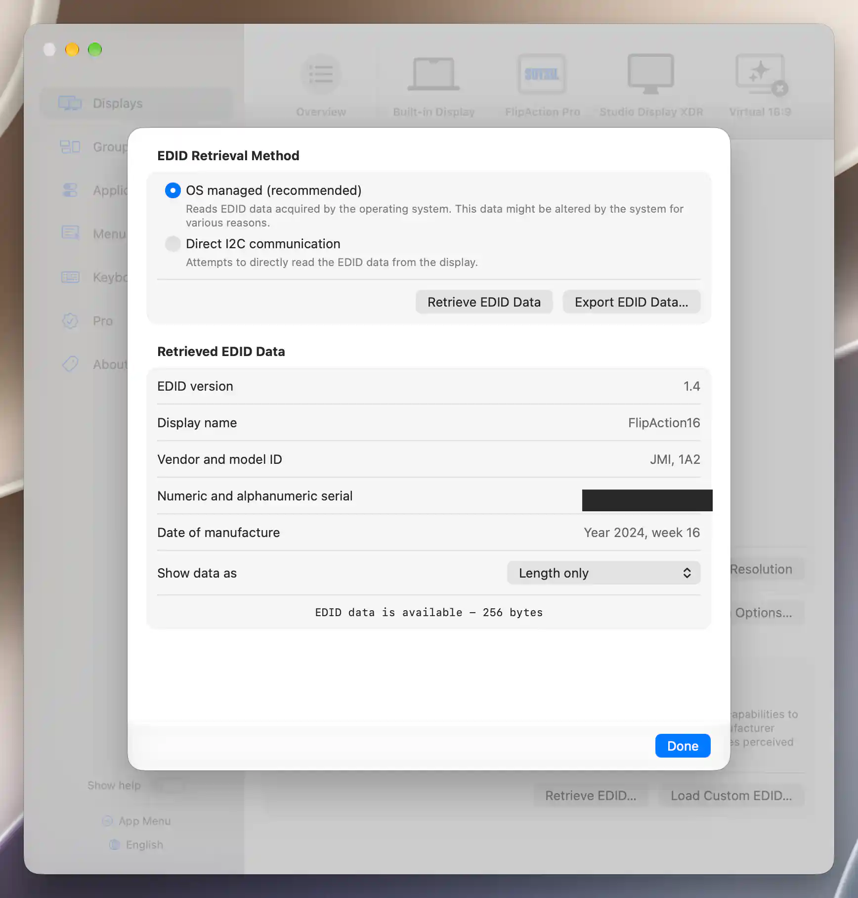 OS-managed EDID retrieval and decoded display information with serial masked