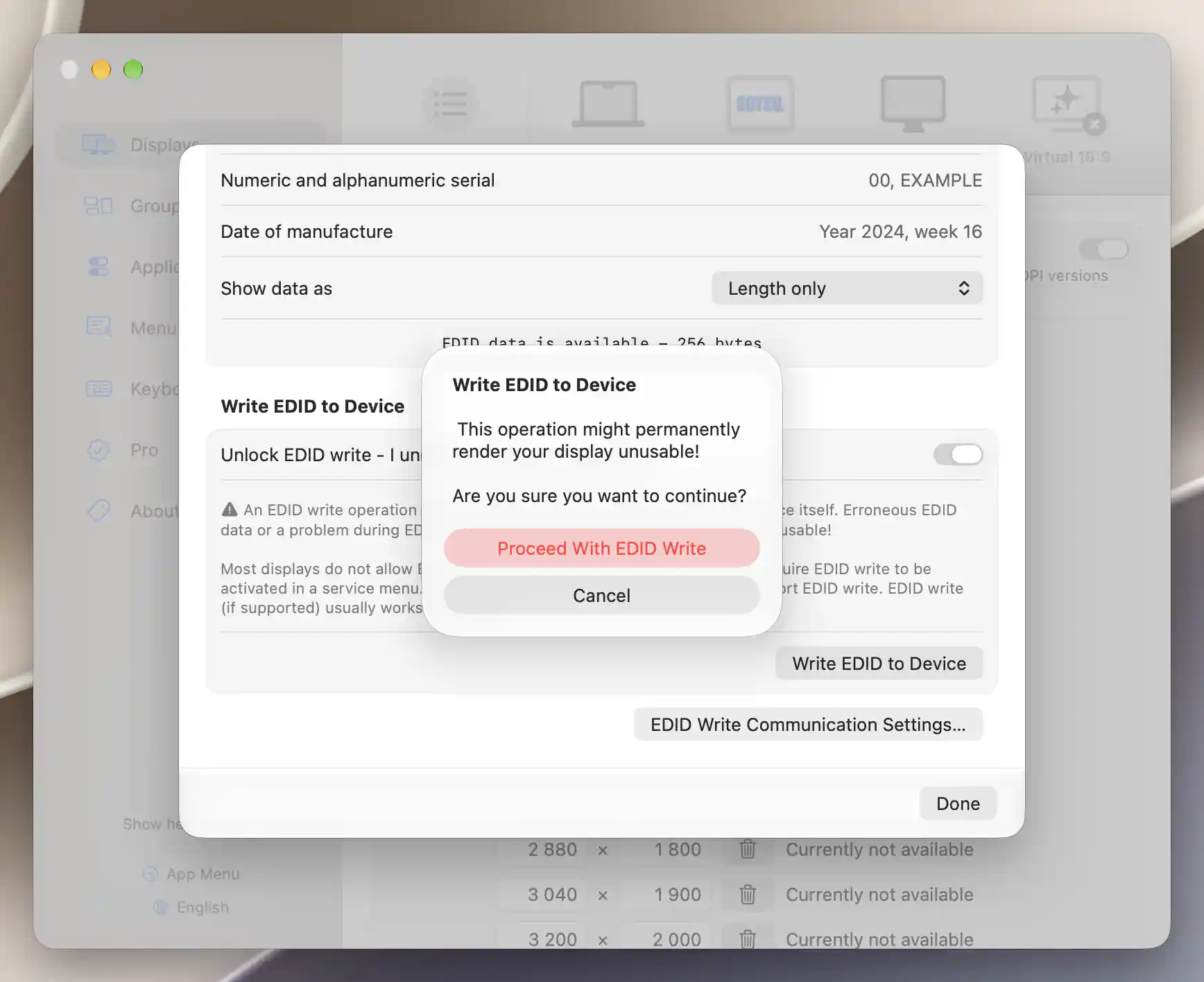 EDID write confirmation with destructive Proceed With EDID Write and Cancel buttons