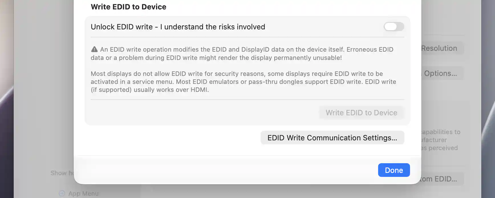 Locked EDID device-write controls and permanent-damage warning