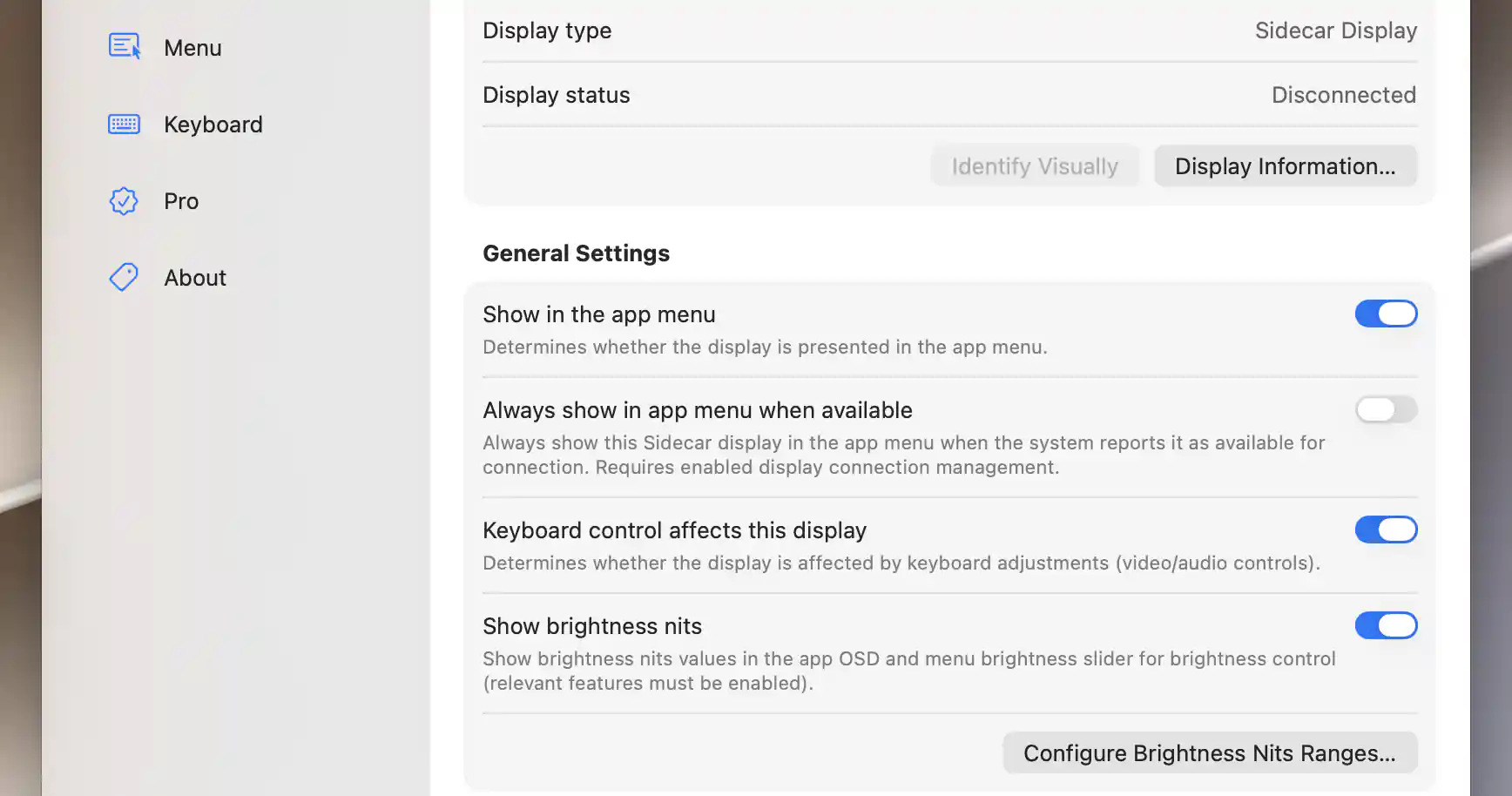 Disconnected Sidecar display with Always show in app menu when available in General Settings