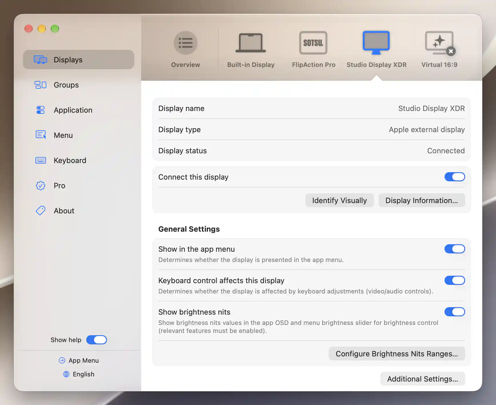 Studio Display XDR identity, connected status, connection switch and display inspection actions