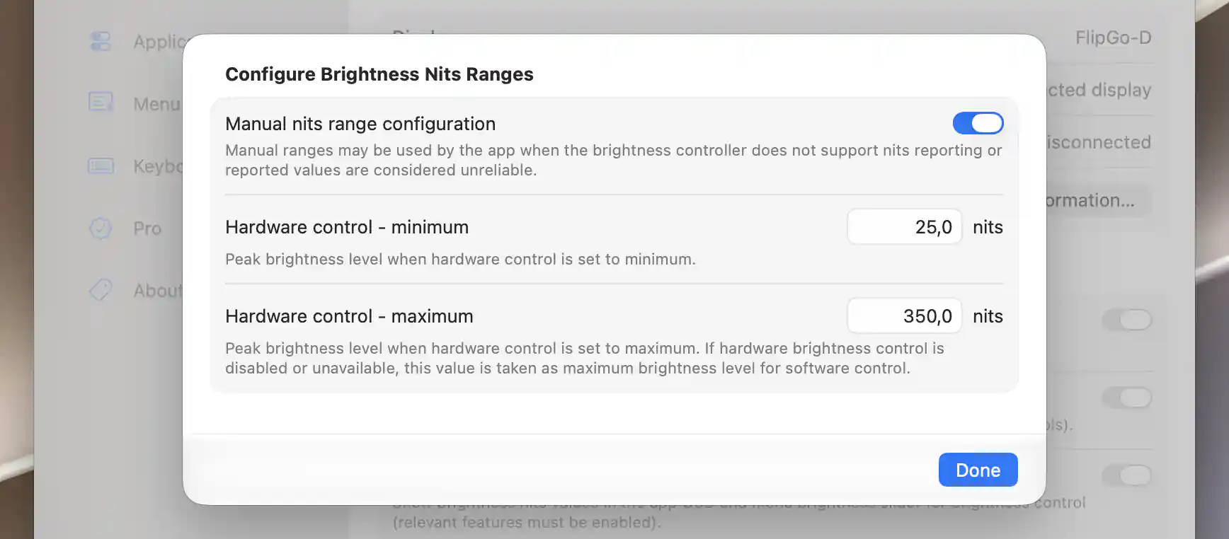 SDR-only manual brightness nits ranges for a remembered display