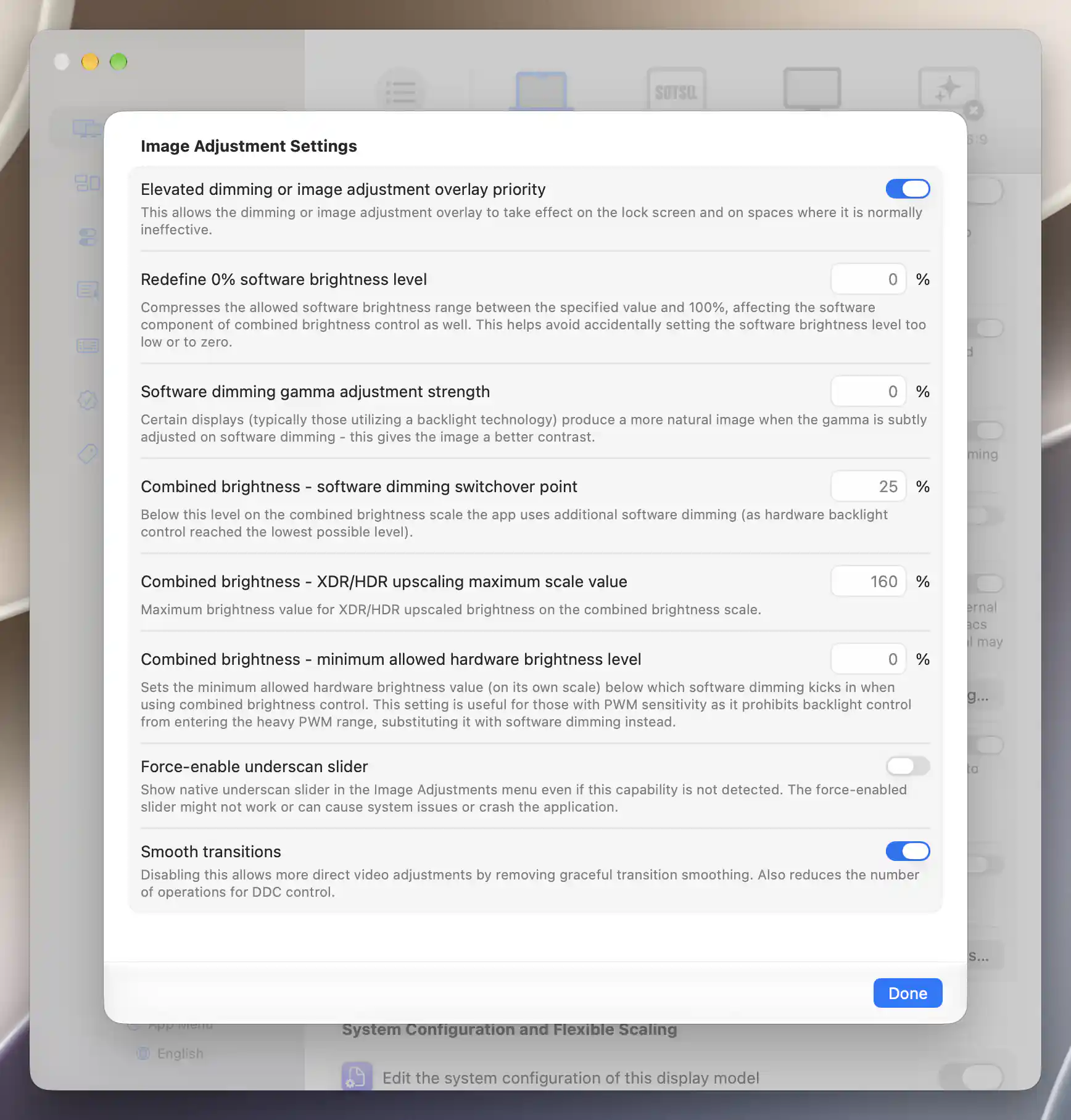 XDR software dimming, combined-brightness range and smoothing settings