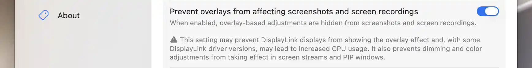Screenshot-overlay exclusion warning for DisplayLink, streams and PIP