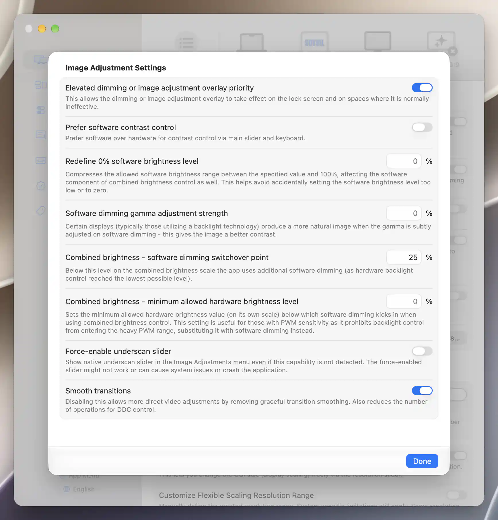 Advanced overlay, software dimming and combined-brightness options