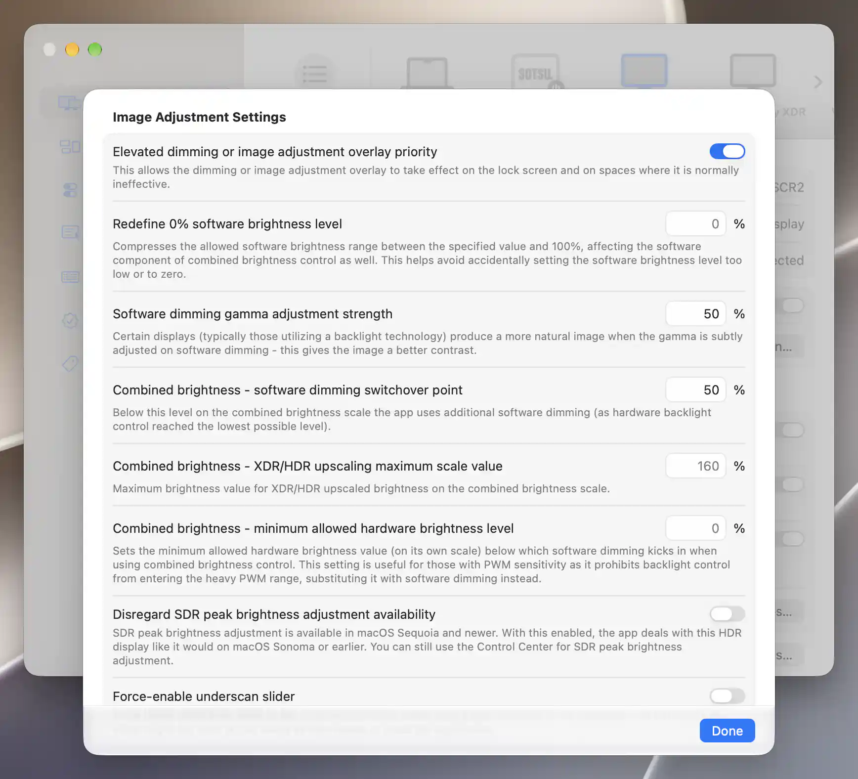 Image Adjustment Settings with the SDR peak-brightness compatibility preference