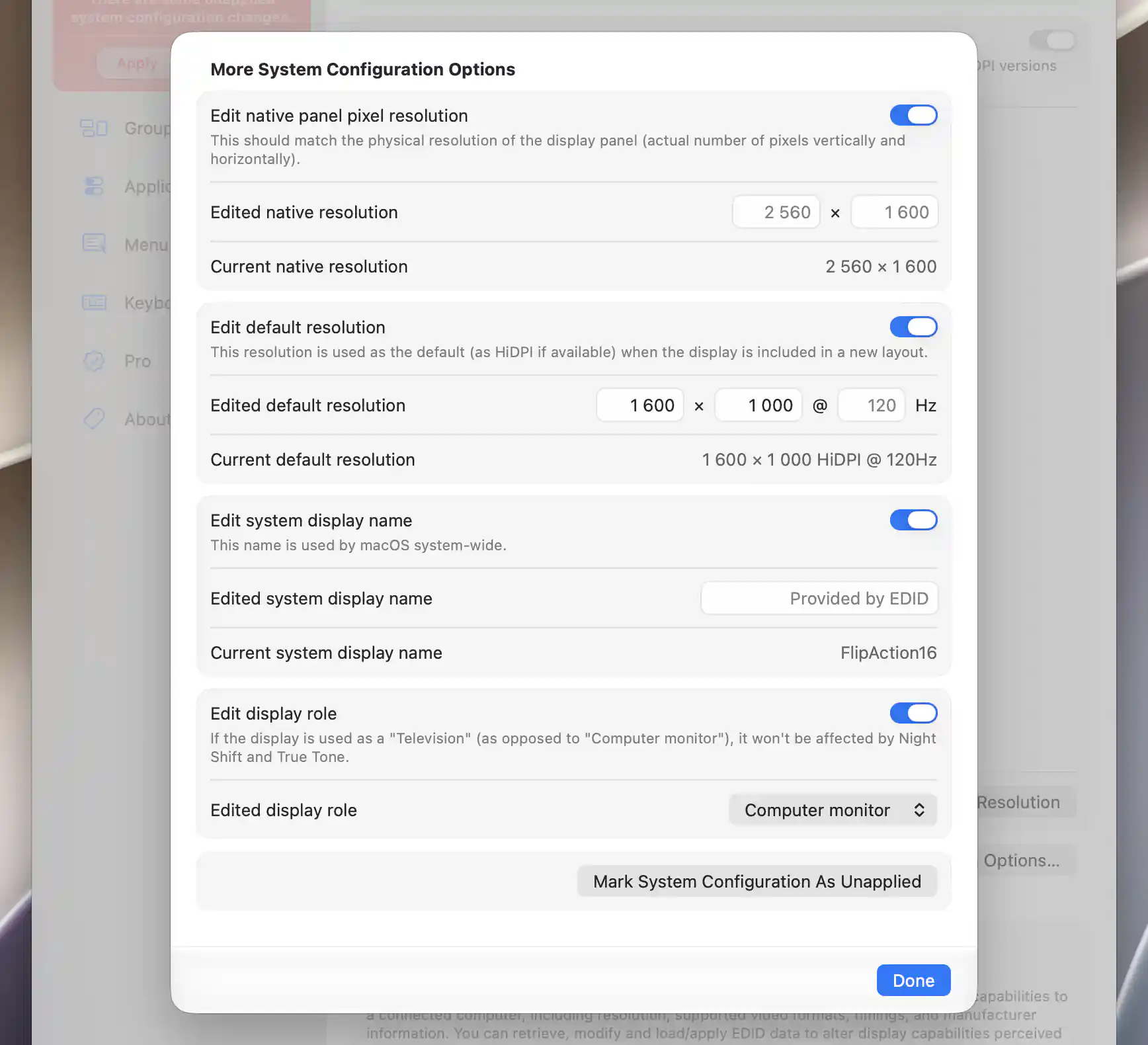 Additional system configuration editors for native size, default mode, system name and display role