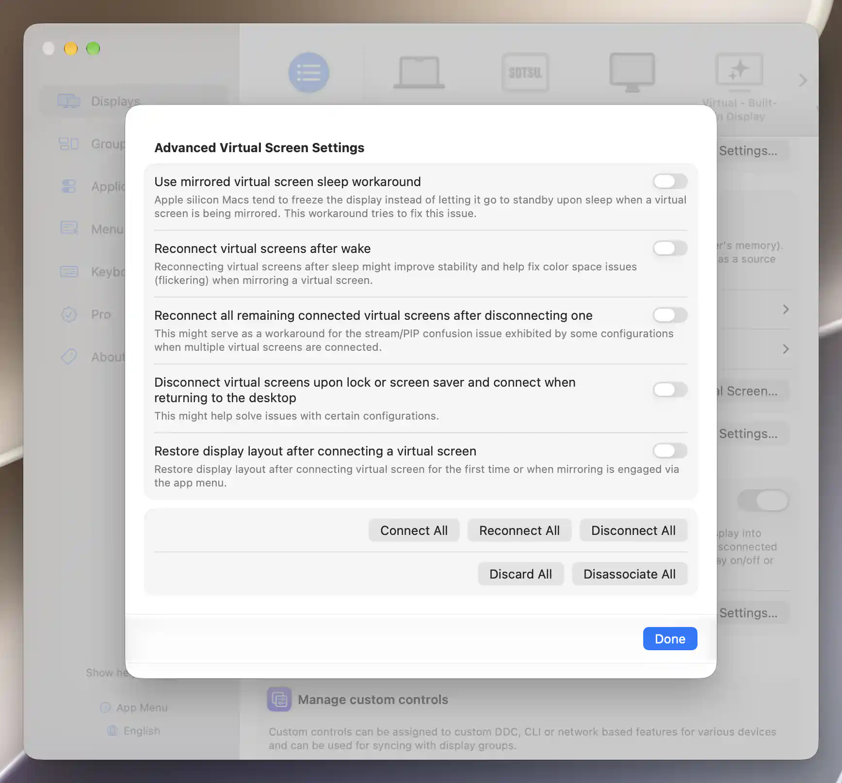 Advanced Virtual Screen Settings on Apple silicon with all five lifecycle switches and enabled bulk actions