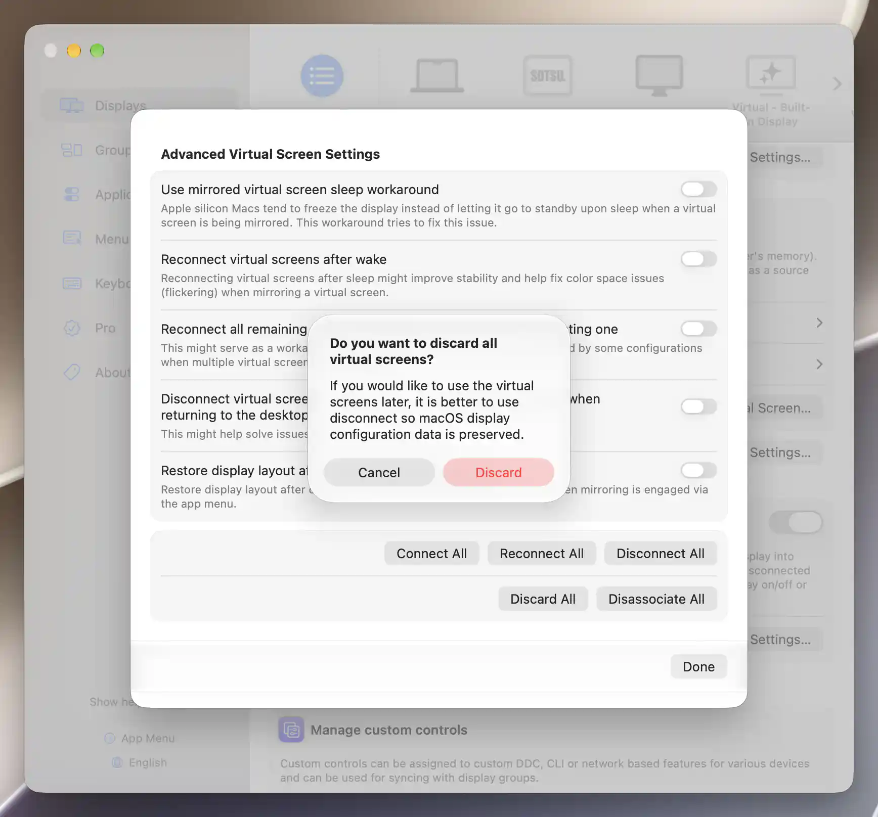 Discard All virtual screens confirmation with Cancel and Discard choices