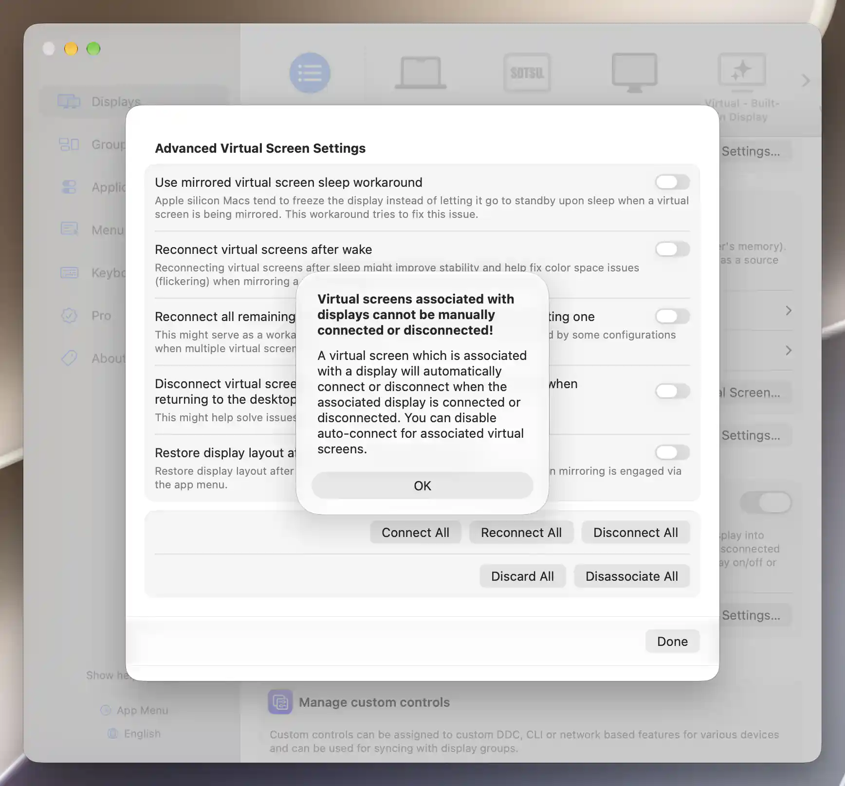 Bulk virtual-screen action notice explaining that associated screens cannot be manually connected or disconnected