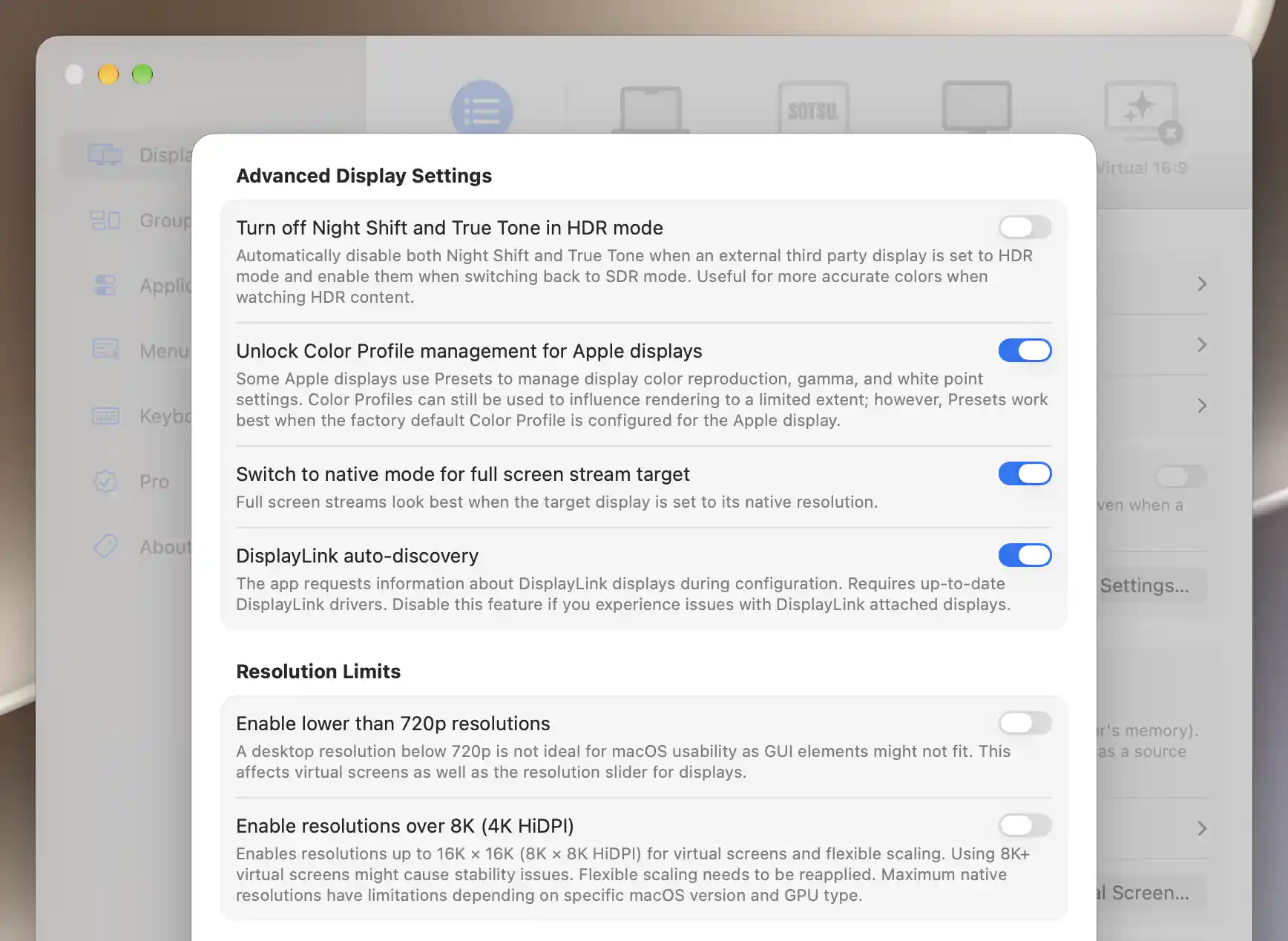 Advanced Display Settings on Apple silicon with color, streaming and Resolution Limits options