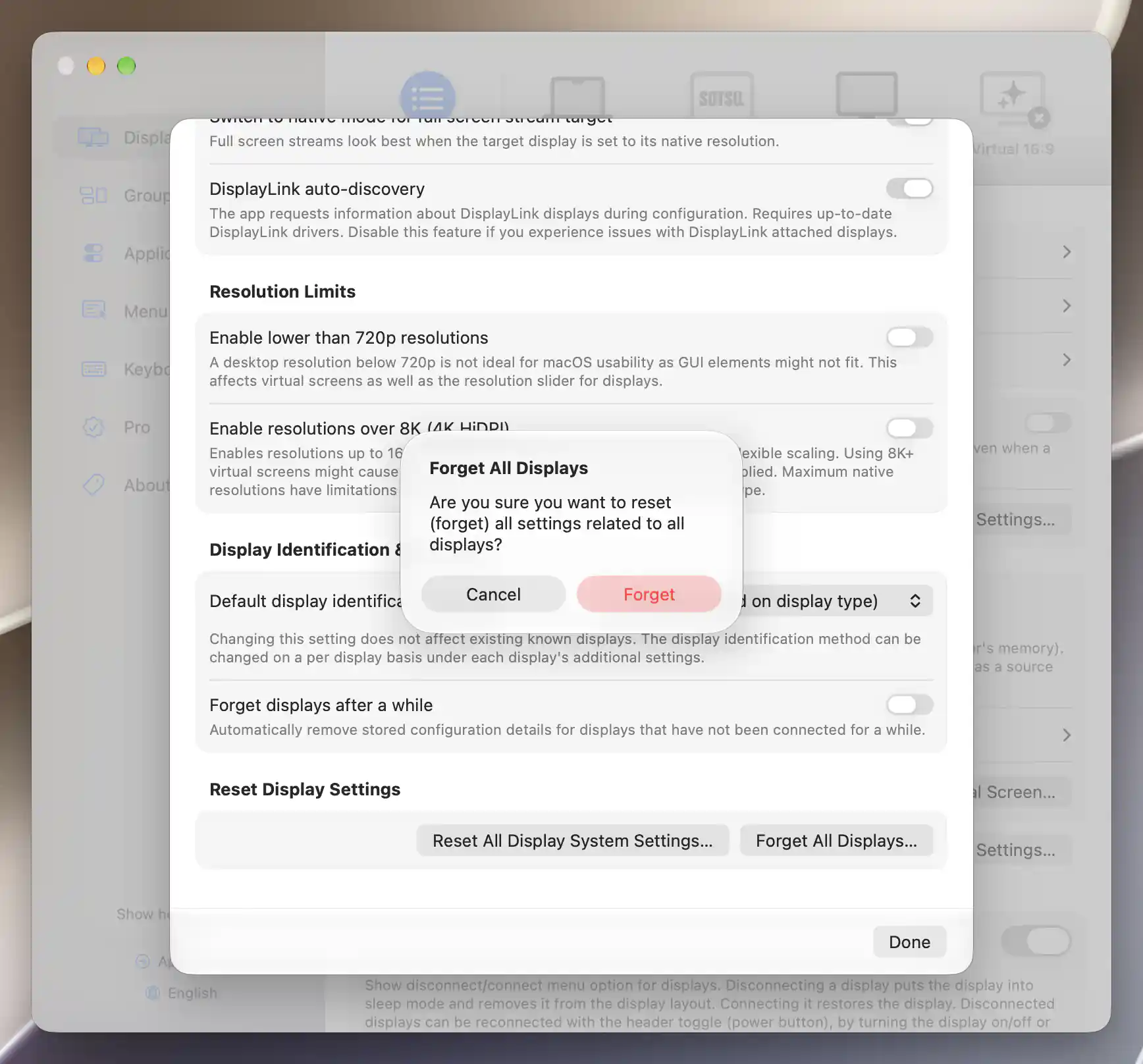 Forget All Displays confirmation with Cancel and Forget choices