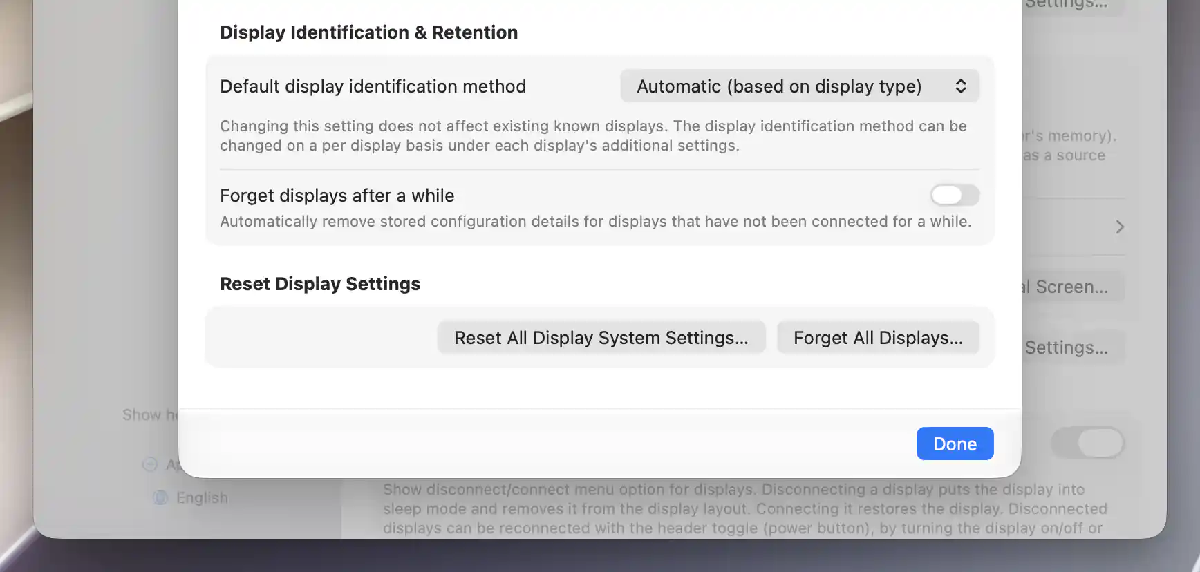 Display Identification and Retention with automatic identification, retention off, and reset actions