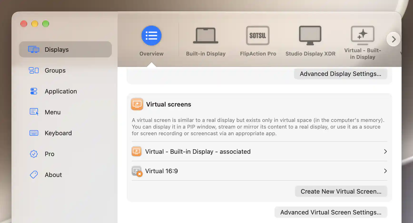 Displays Overview showing connected Virtual - Built-in Display associated with Built-in Display and disconnected Virtual 16:9