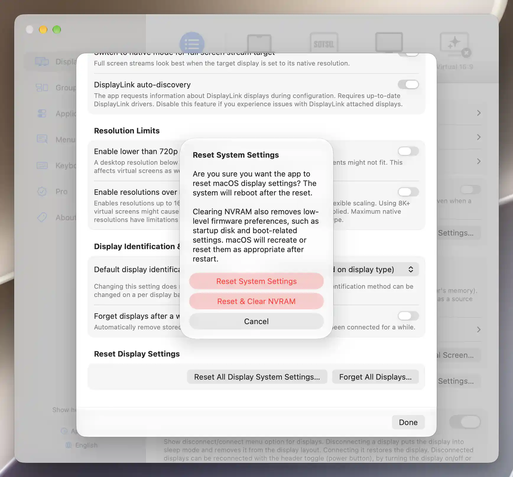 Reset System Settings confirmation offering reset, reset with NVRAM clearing, and Cancel