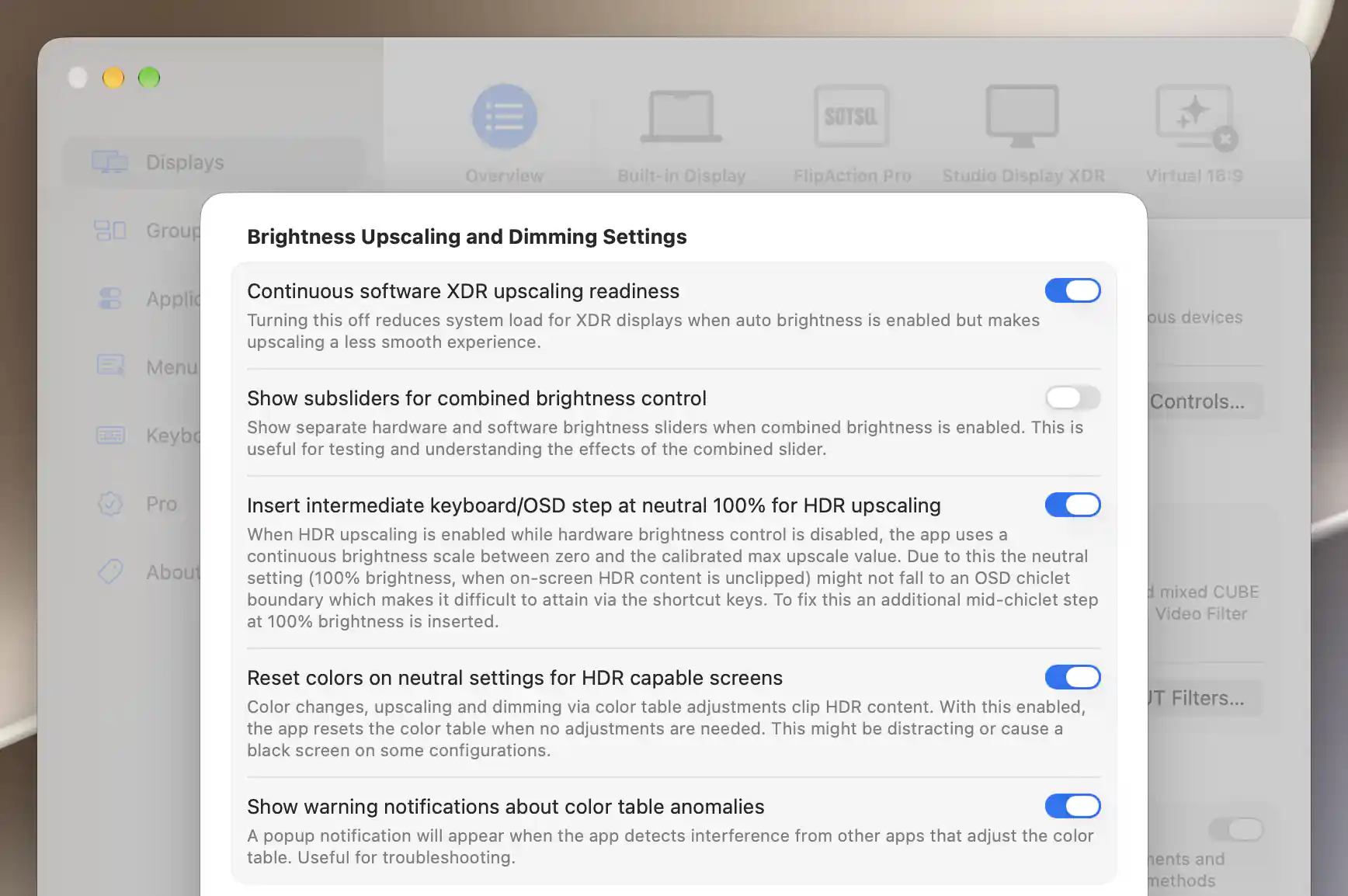 Advanced brightness options for readiness, combined sliders, neutral steps, HDR colors and anomaly warnings