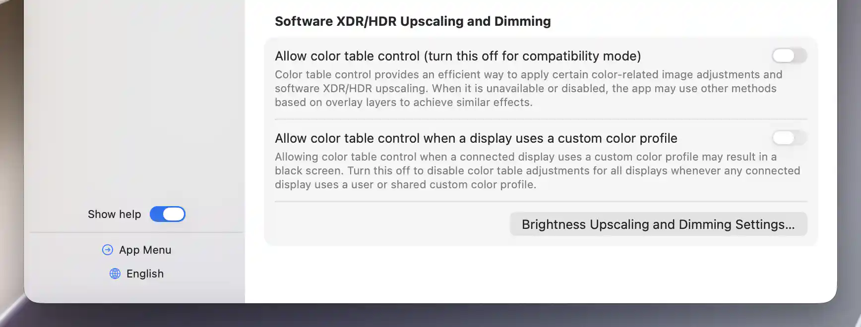 Global color-table control off and the custom-profile switch unavailable