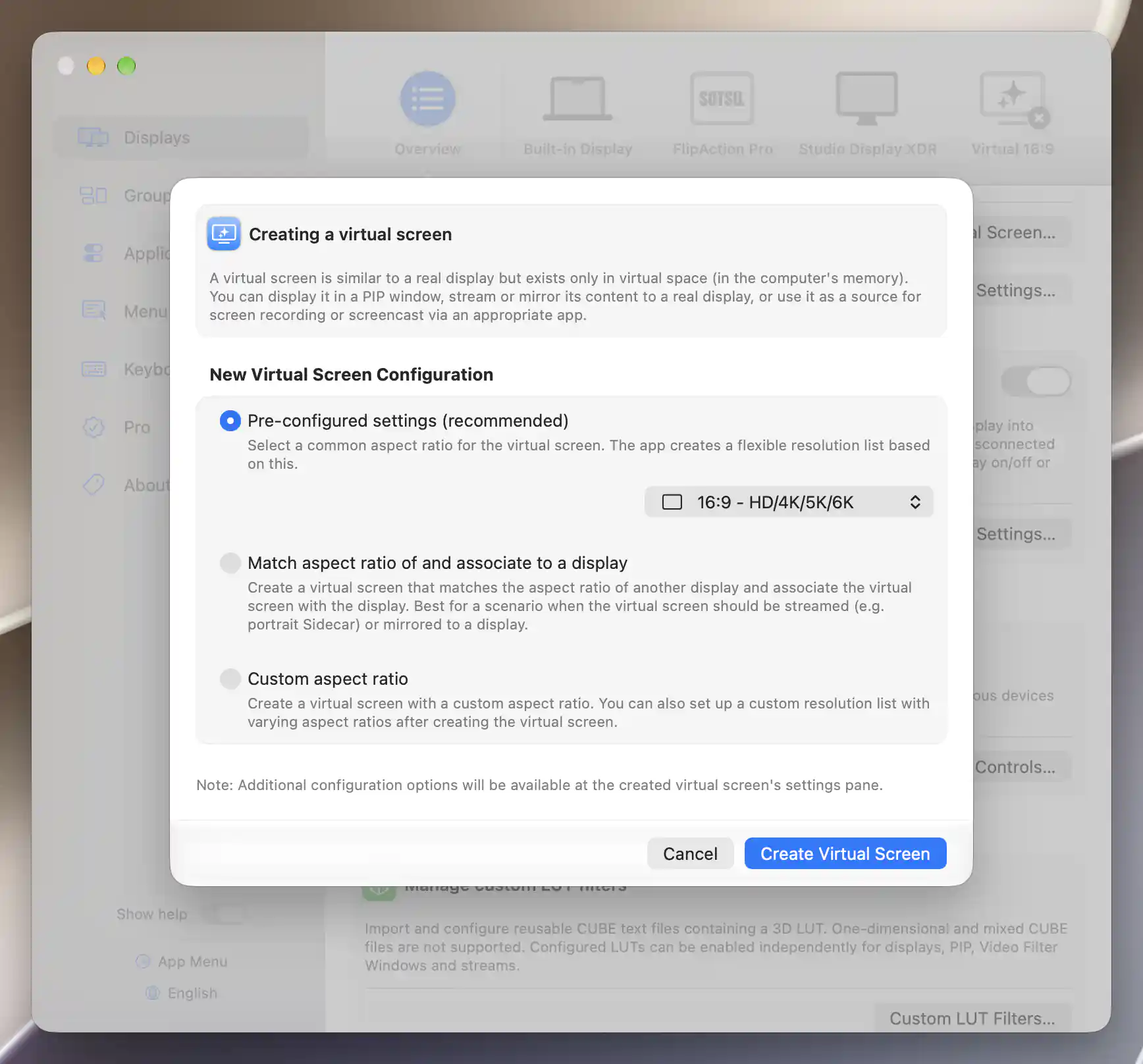 Create Virtual Screen form with predefined aspect ratio selected and alternative matched-display and custom modes