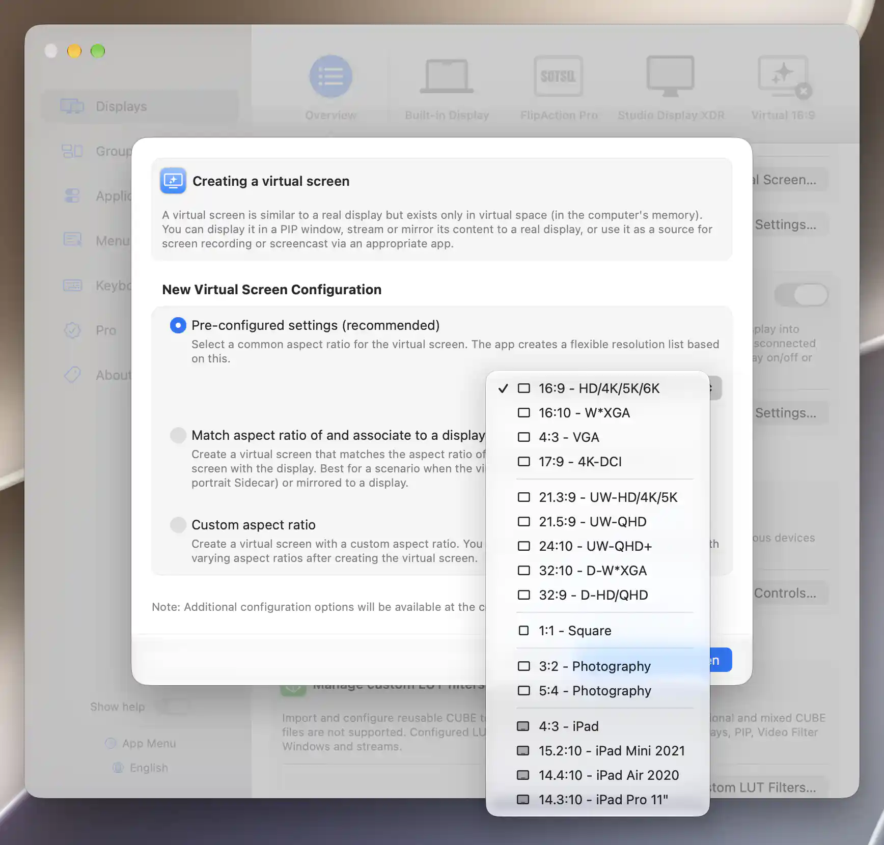 Open virtual-screen preset menu showing standard, ultrawide, photography and iPad aspect ratios