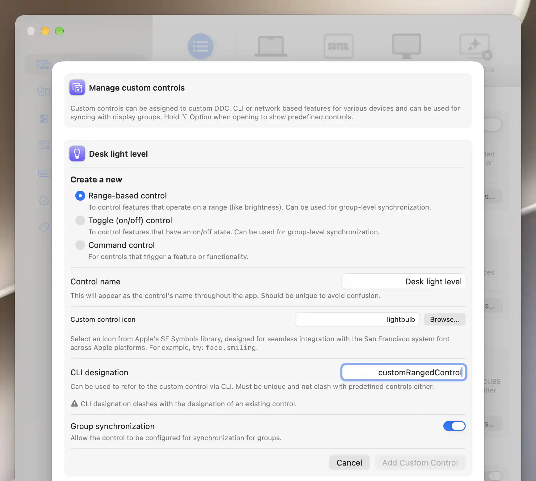 Custom-control form warning that customRangedControl clashes with an existing CLI designation
