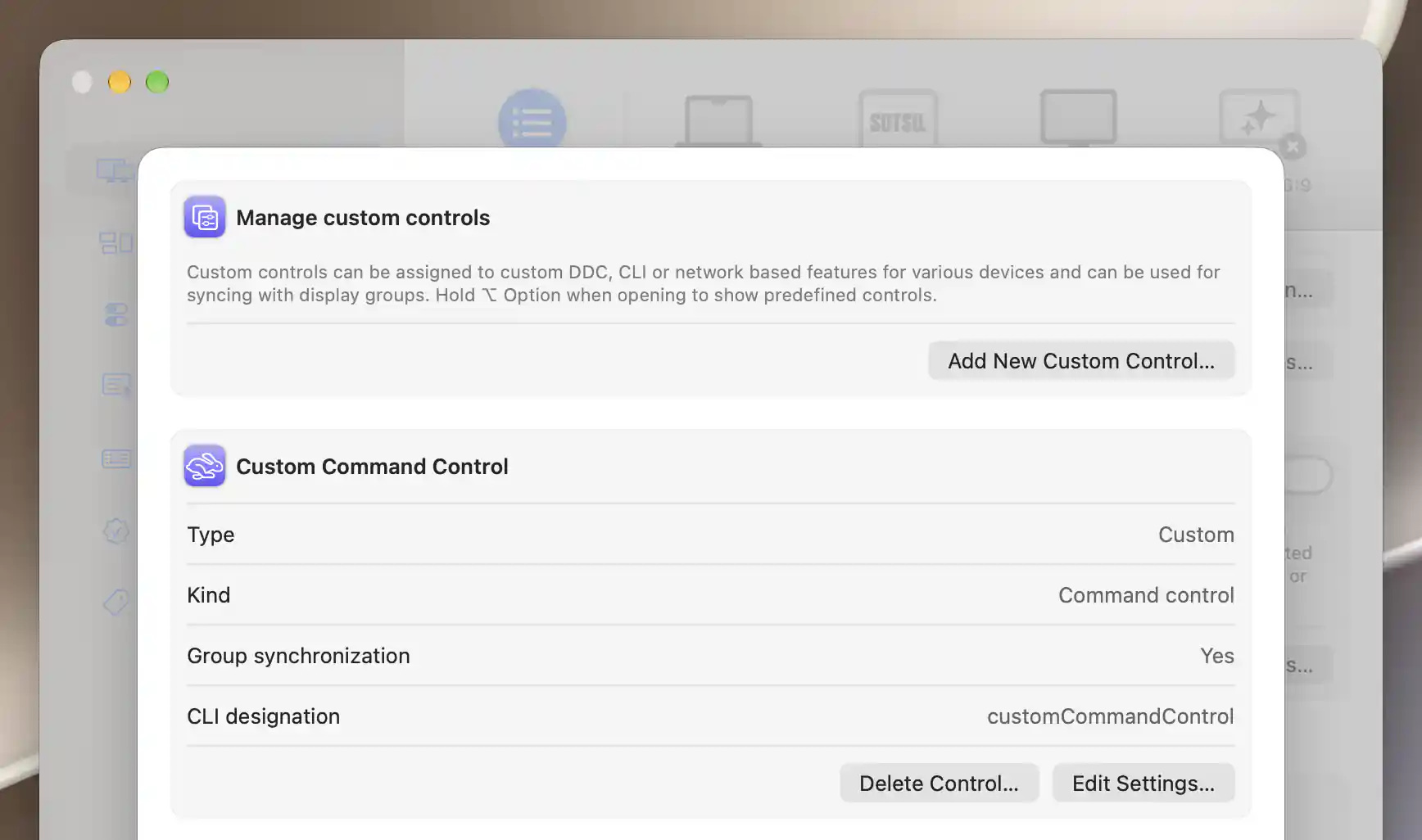 Custom Controls manager showing a saved command control, its type, kind, group synchronization, CLI designation and edit/delete actions