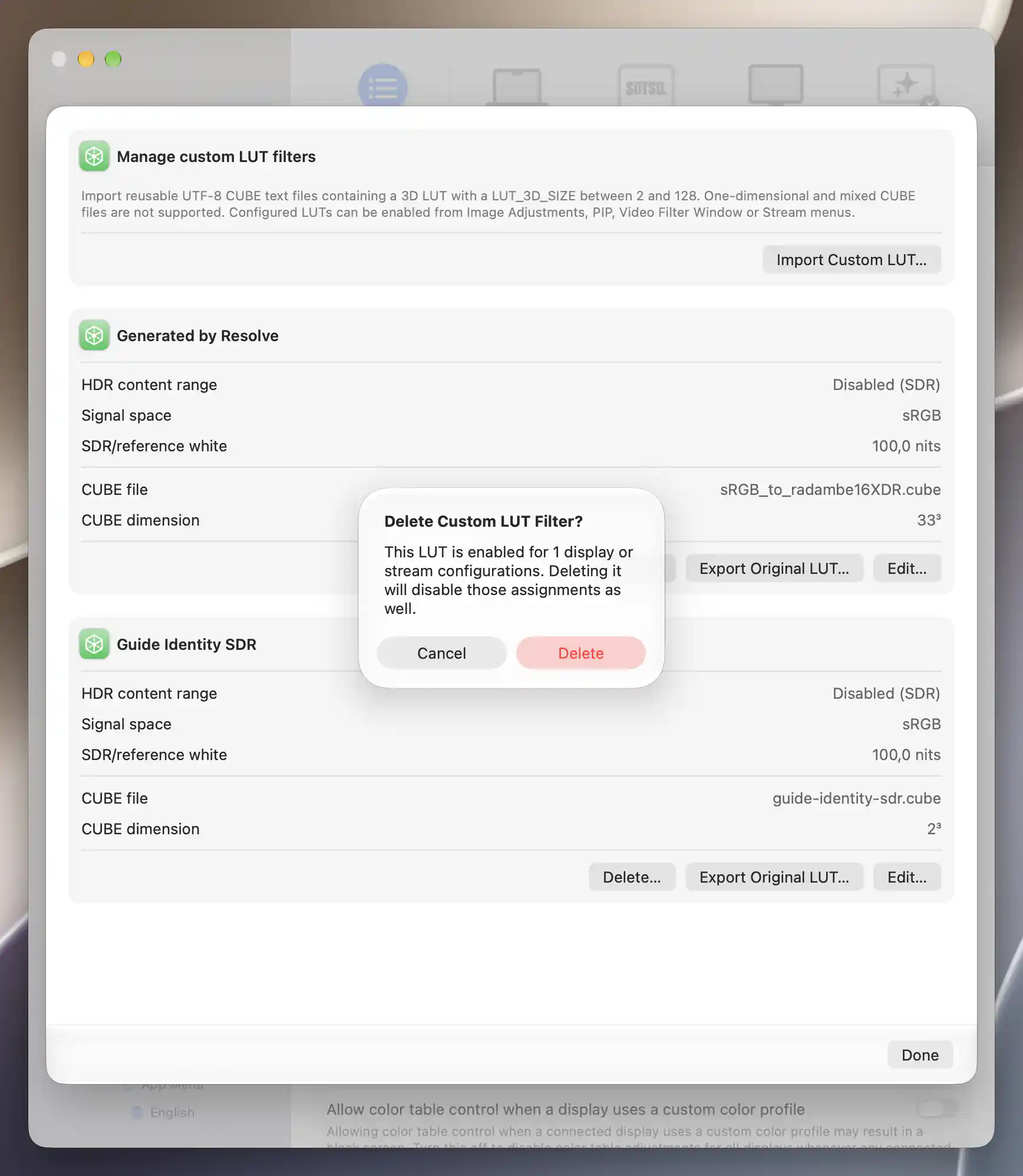 Delete Custom LUT Filter confirmation reporting one display or stream assignment