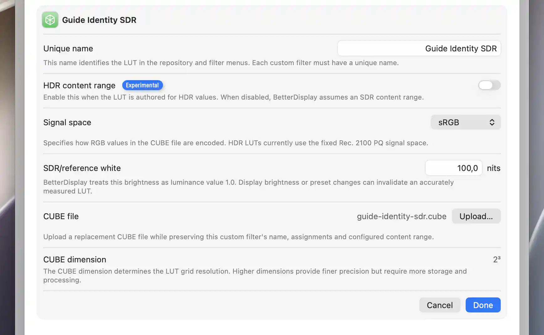 Guide Identity SDR in edit mode with Upload, Cancel and Done controls