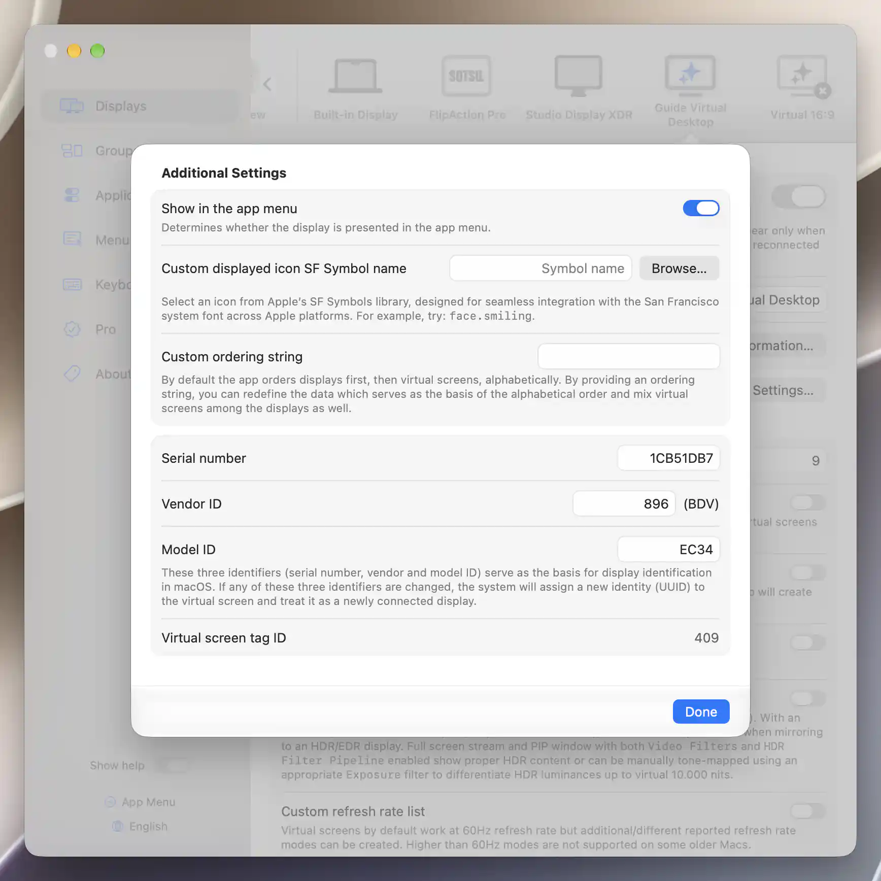 Additional Settings with menu presentation and generated disposable virtual-screen identifiers